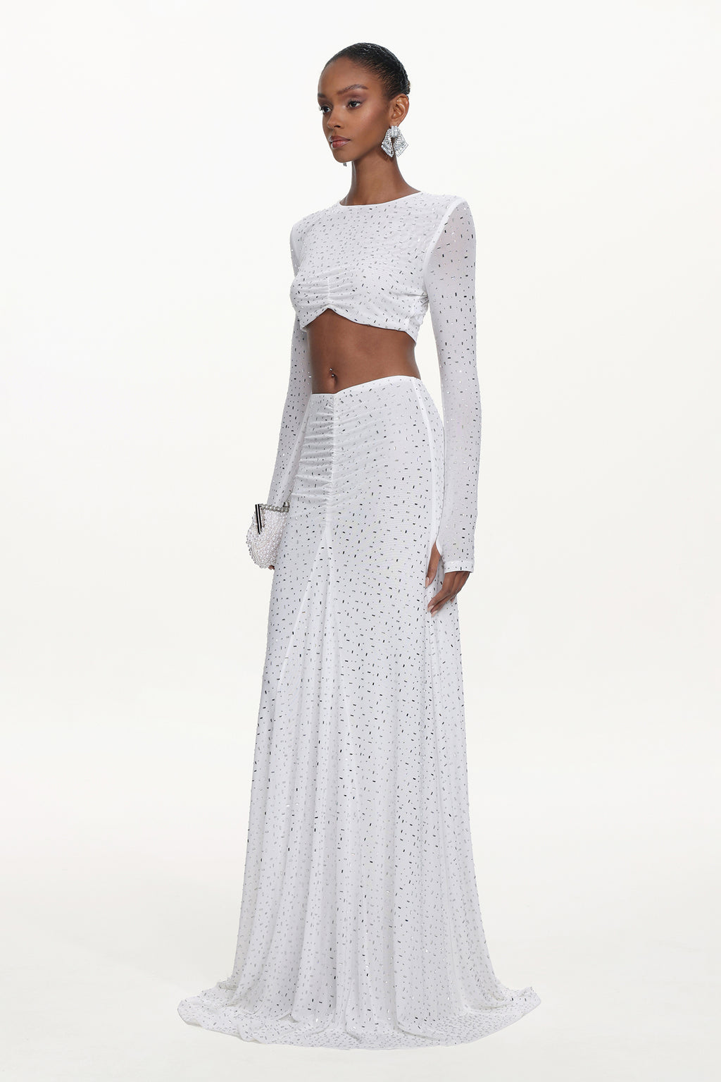 Elva Chic Contour Long Sleeve Ruched Crystal Top and Skirt Set	