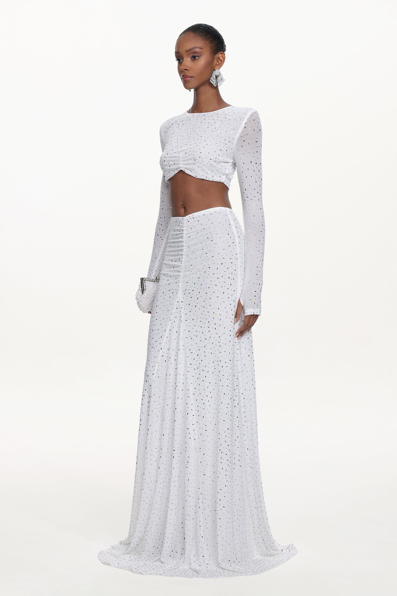 Elva Chic Contour Long Sleeve Ruched Crystal Top and Skirt Set	