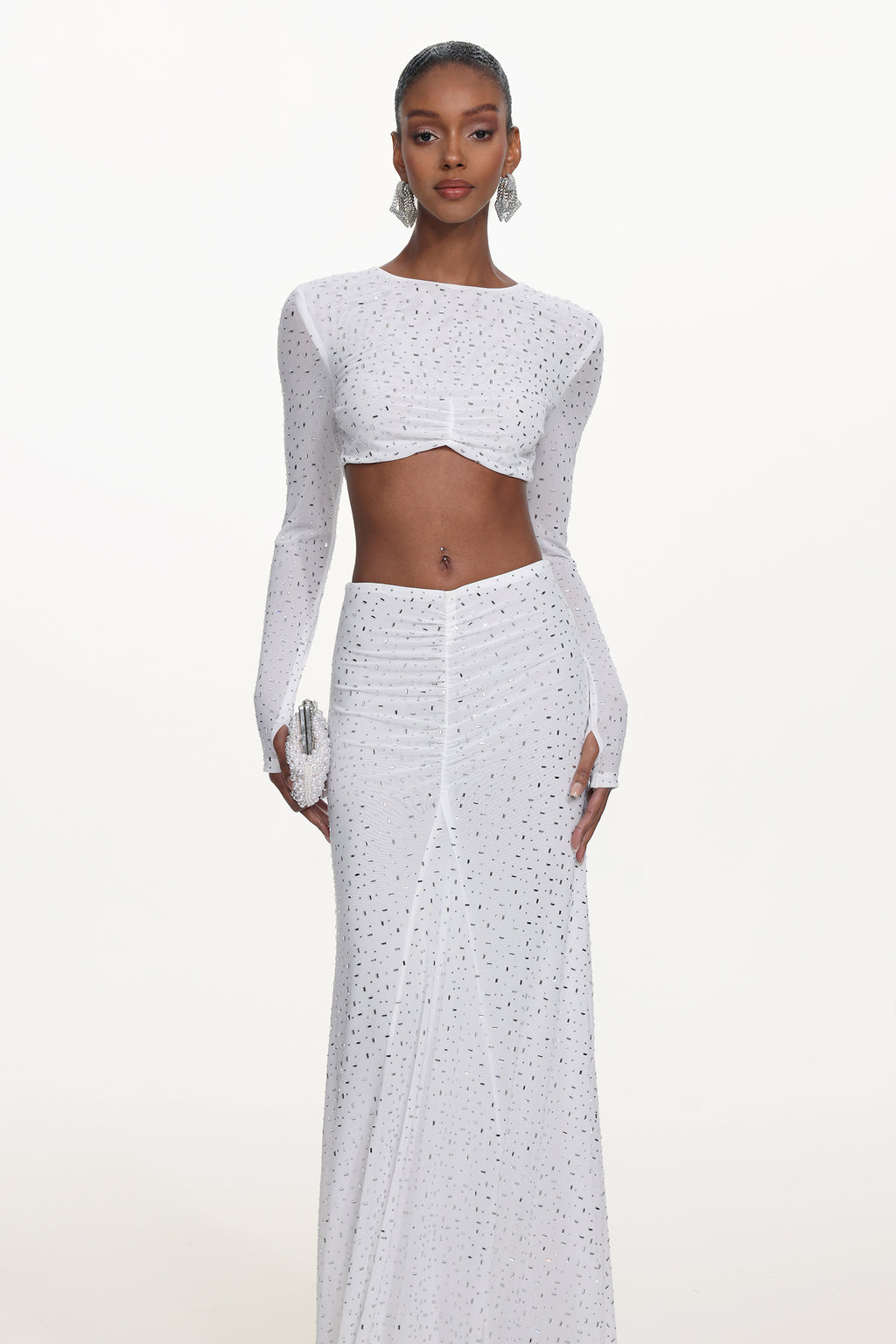 Elva Chic Contour Long Sleeve Ruched Crystal Top and Skirt Set	