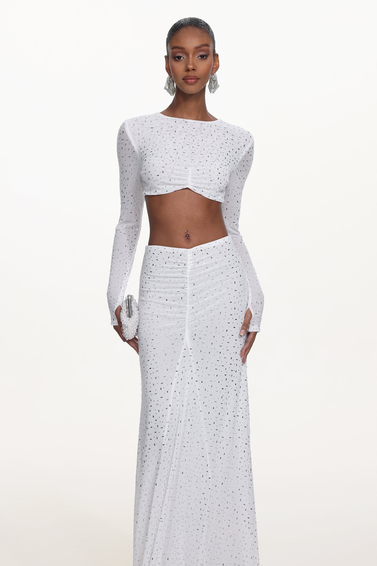 Elva Chic Contour Long Sleeve Ruched Crystal Top and Skirt Set	
