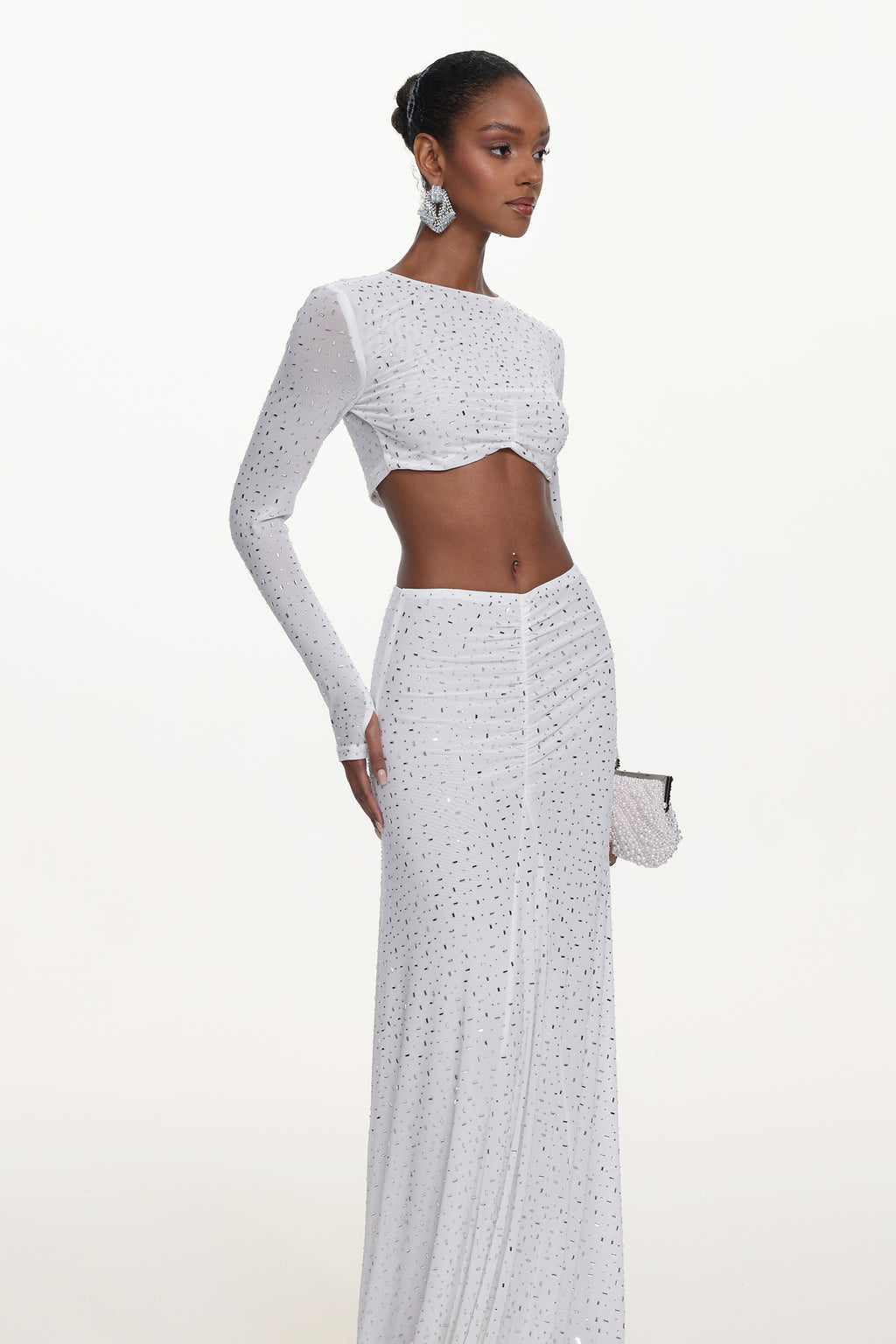 Elva Chic Contour Long Sleeve Ruched Crystal Top and Skirt Set	