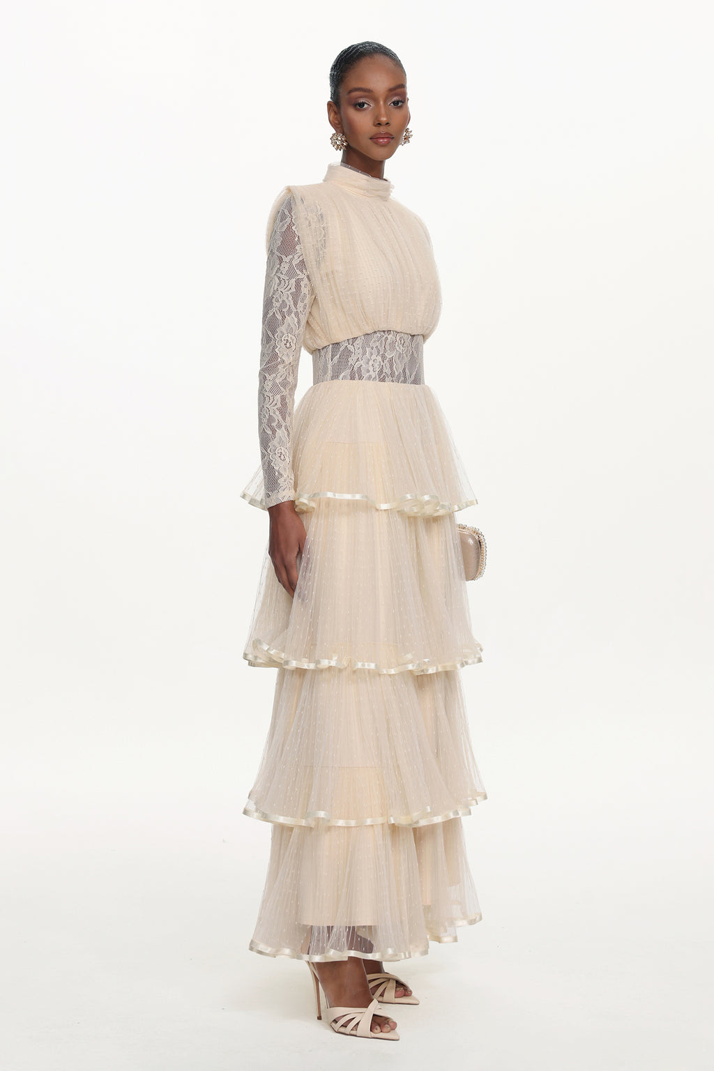 Yannei Romantic Flowy Long Sleeve Lace Tiered Tulle Maxi Dress	