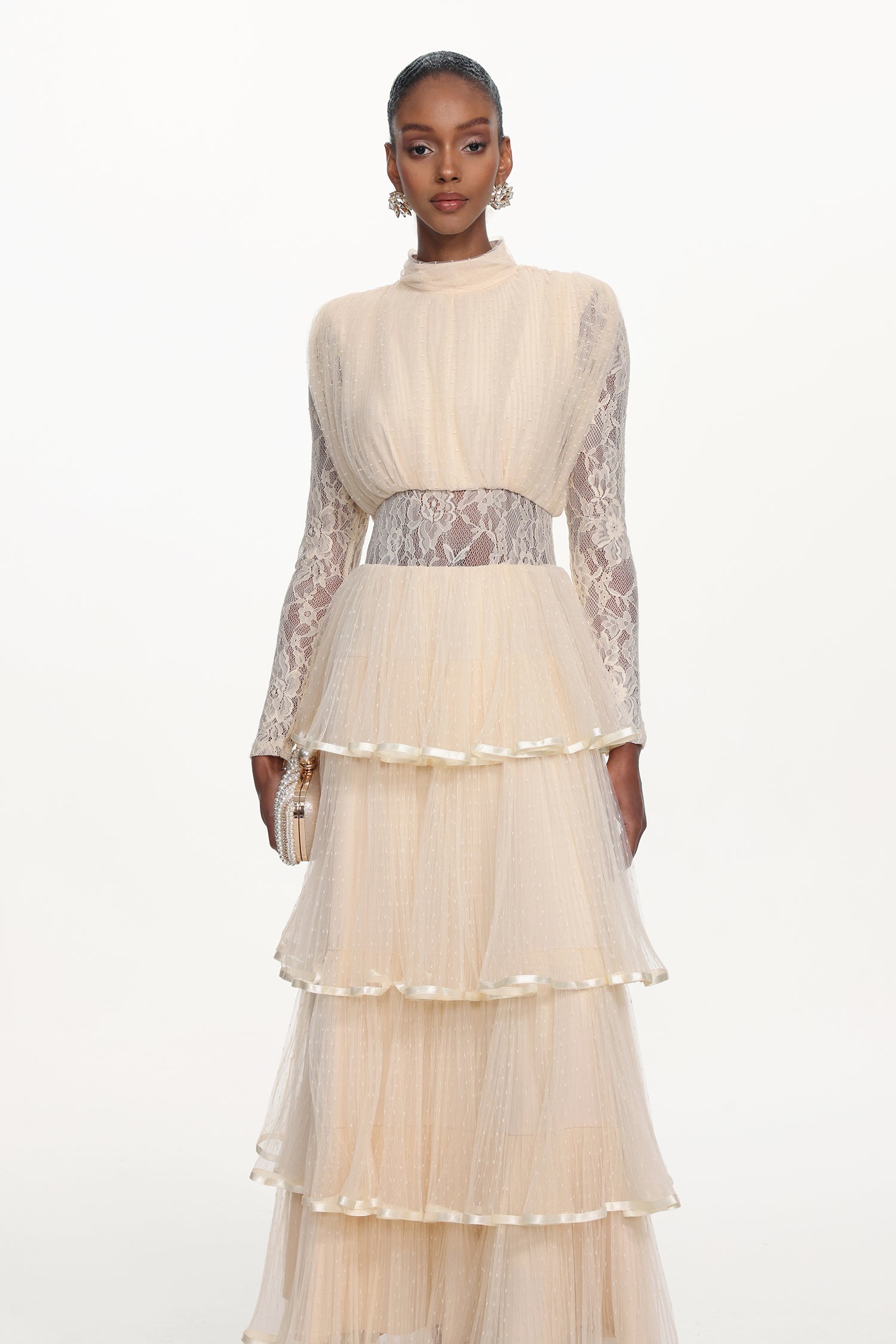 Yannei Romantic Flowy Long Sleeve Lace Tiered Tulle Maxi Dress	
