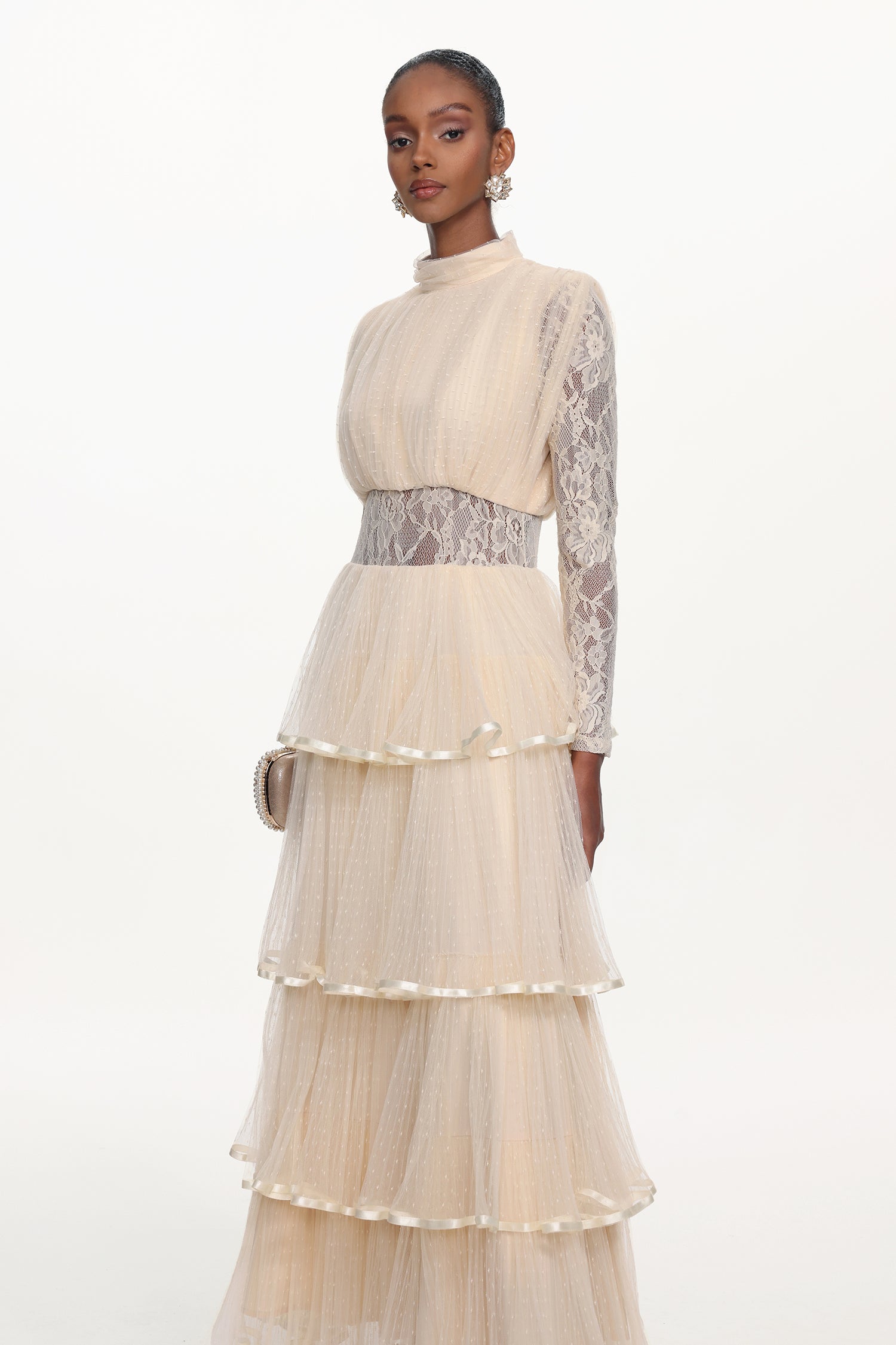 Yannei Romantic Flowy Long Sleeve Lace Tiered Tulle Maxi Dress	