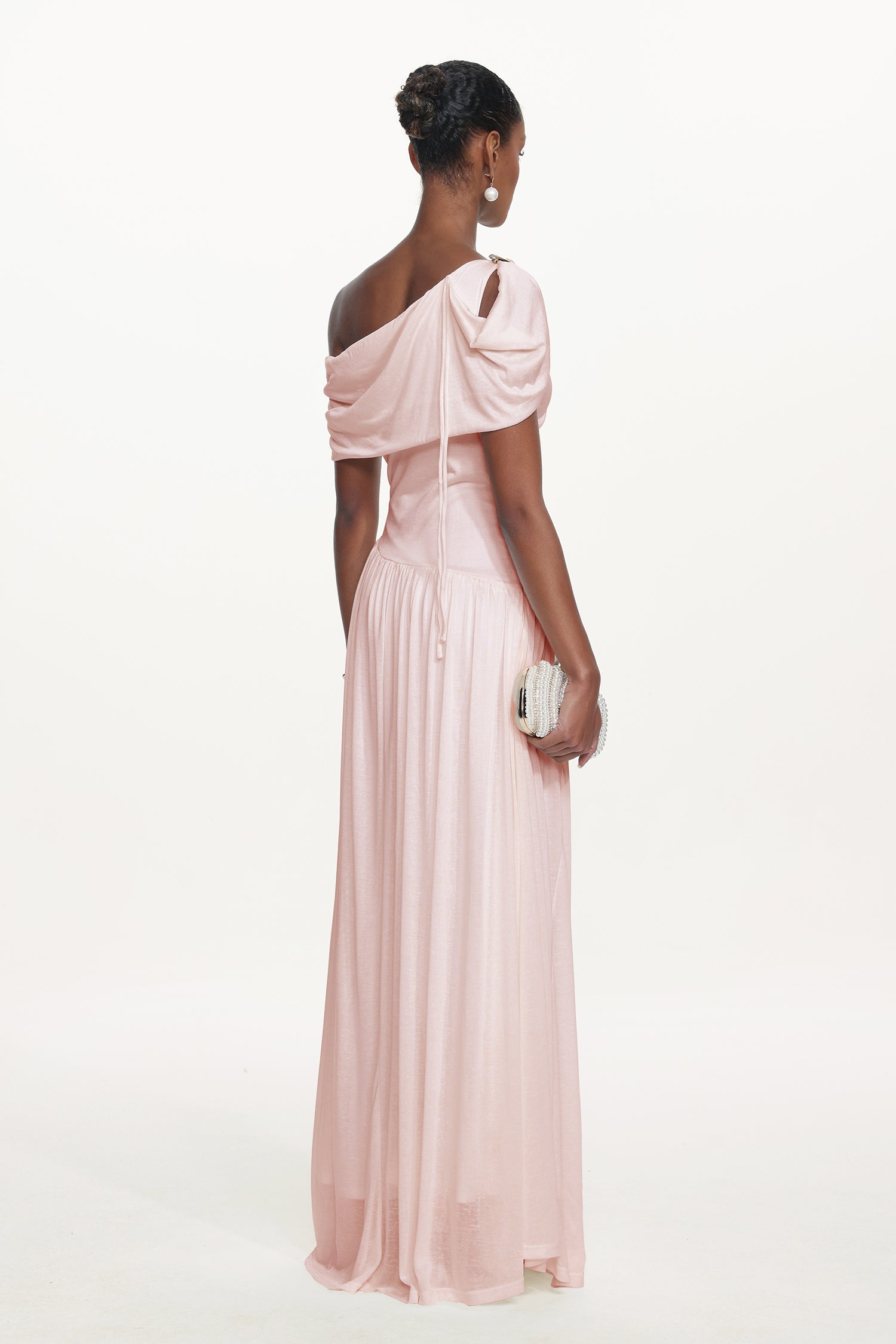 Salina Elegant Contour Sleeveless Asymmetric Cut Out Ruched Pink Knit Maxi Dress	