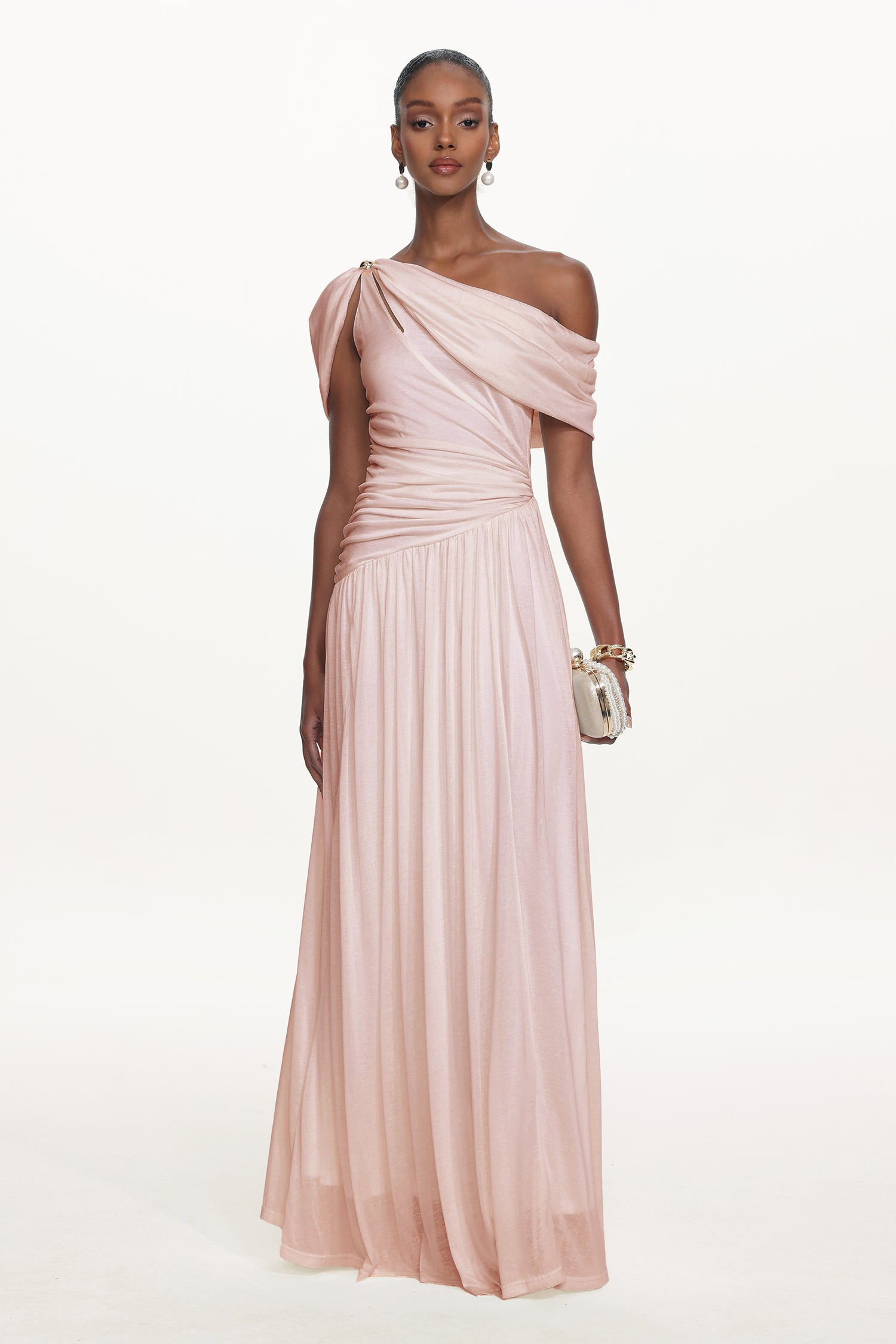 Salina Elegant Contour Sleeveless Asymmetric Cut Out Ruched Pink Knit Maxi Dress	