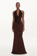 Theodora Chic Contour V Neck Halter Ruched Sequin Maxi Dress	