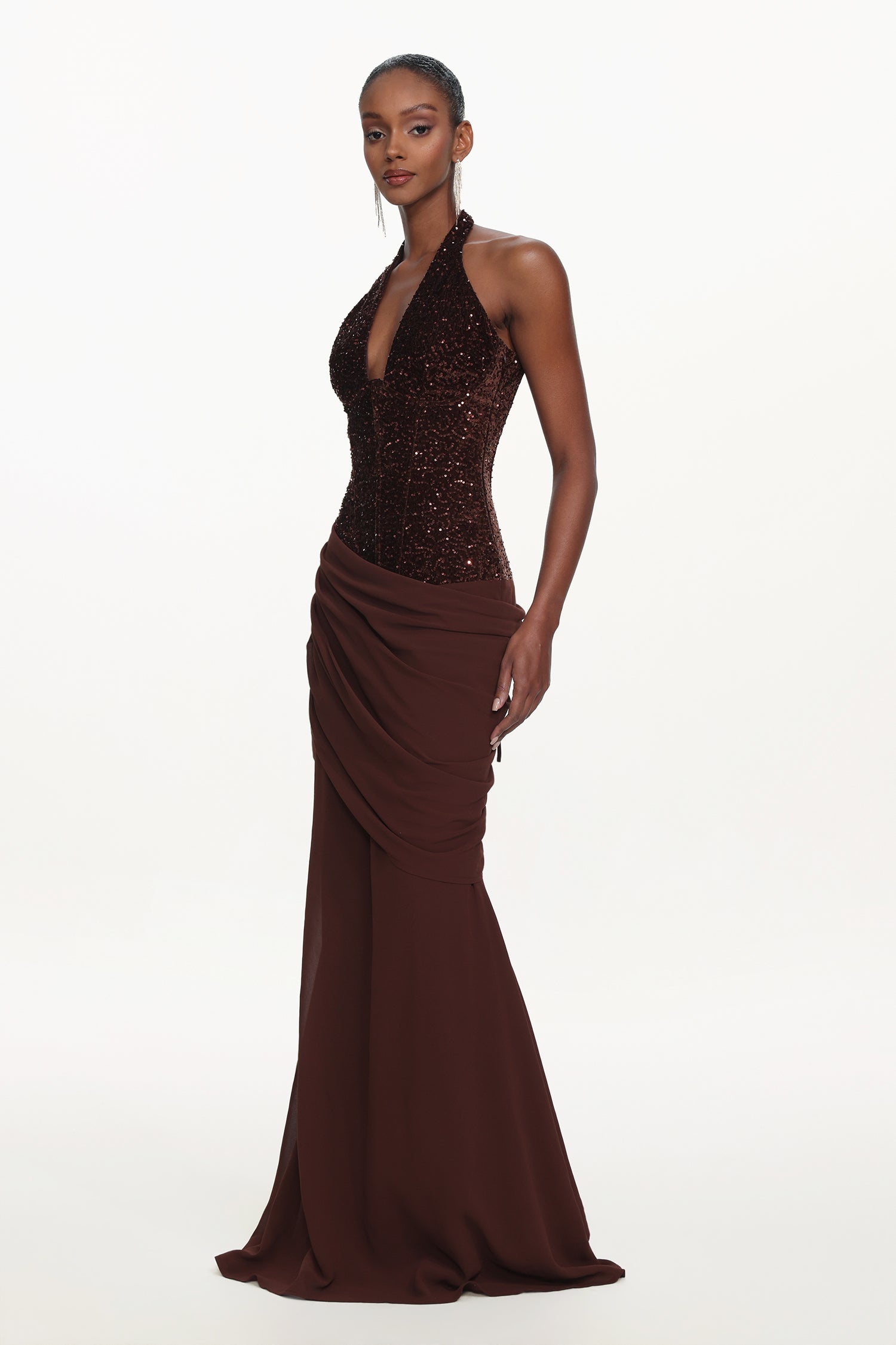 Theodora Chic Contour V Neck Halter Ruched Sequin Maxi Dress	