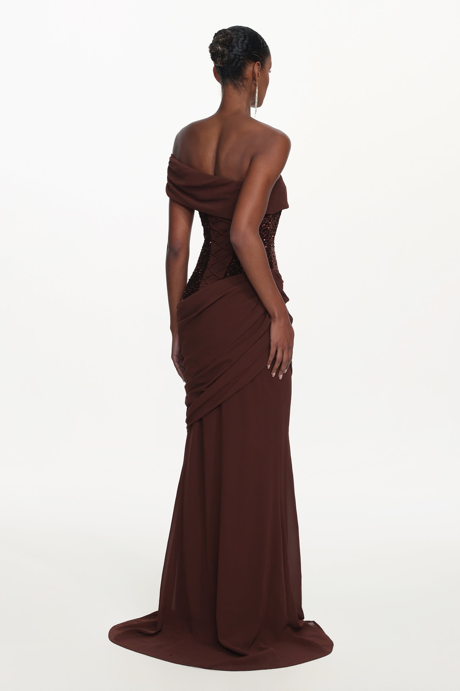 Naleza Chic Contour Off Shoulder Asymmetric Ruched Sequin Maxi Dress	