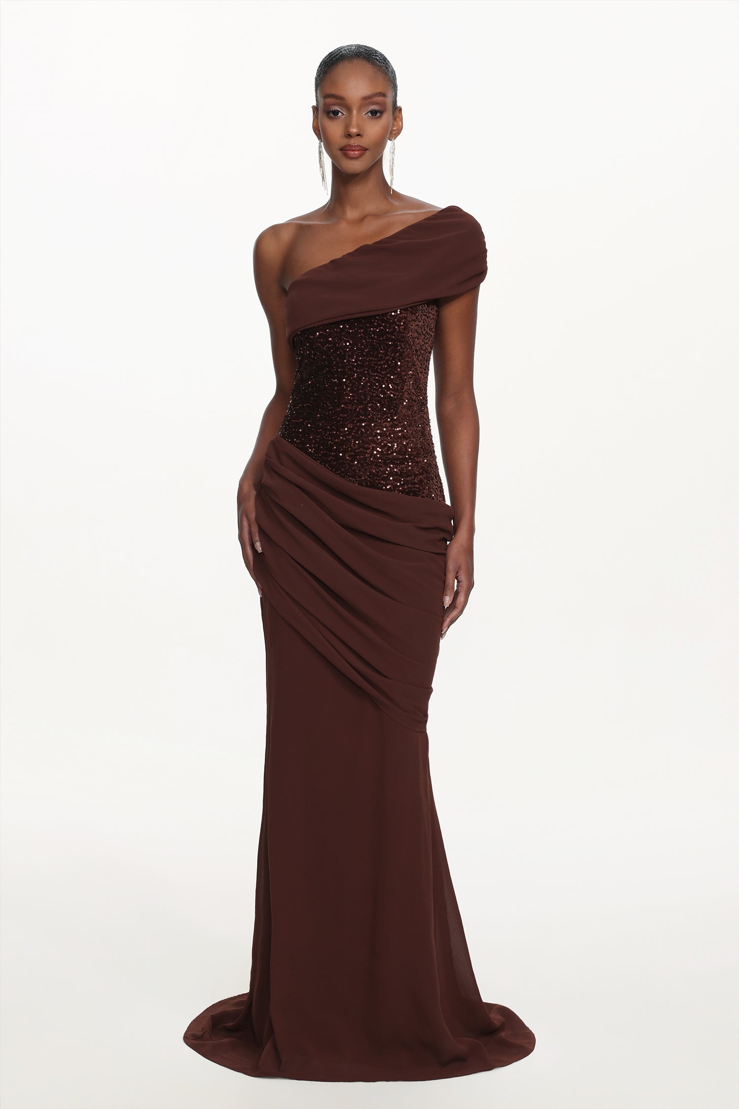 Naleza Chic Contour Off Shoulder Asymmetric Ruched Sequin Maxi Dress	