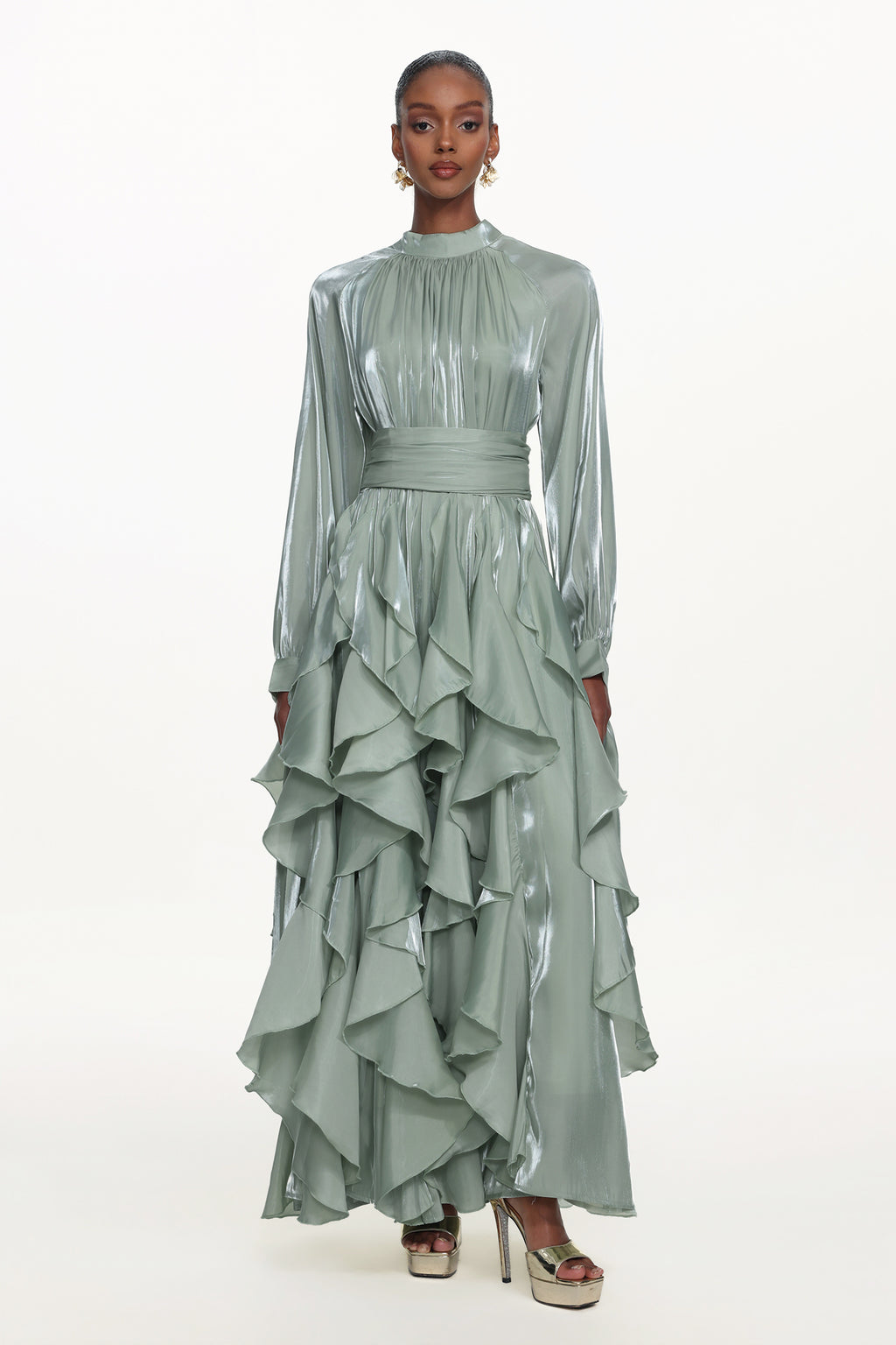 Grasa Elegant Flowy Long Sleeve Pleated Ruffle Maxi Dress	