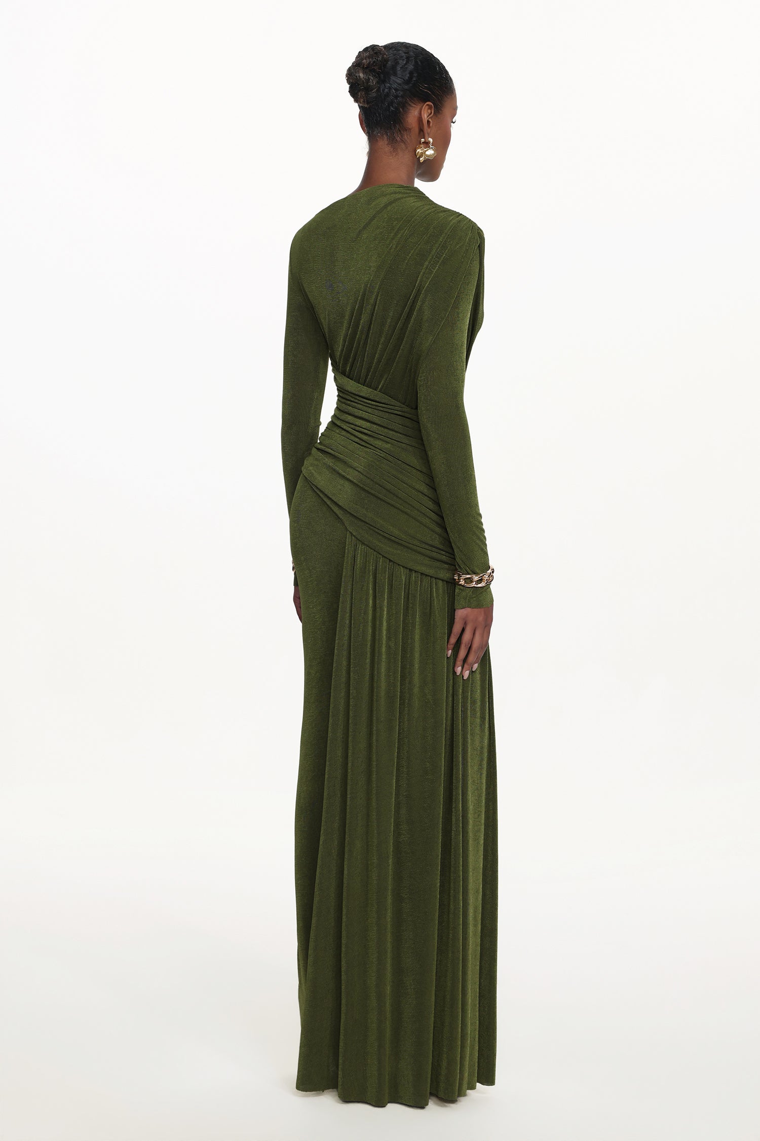 Tryphosa Elegant Contour Long Sleeve Ruched Knit Maxi Dress	
