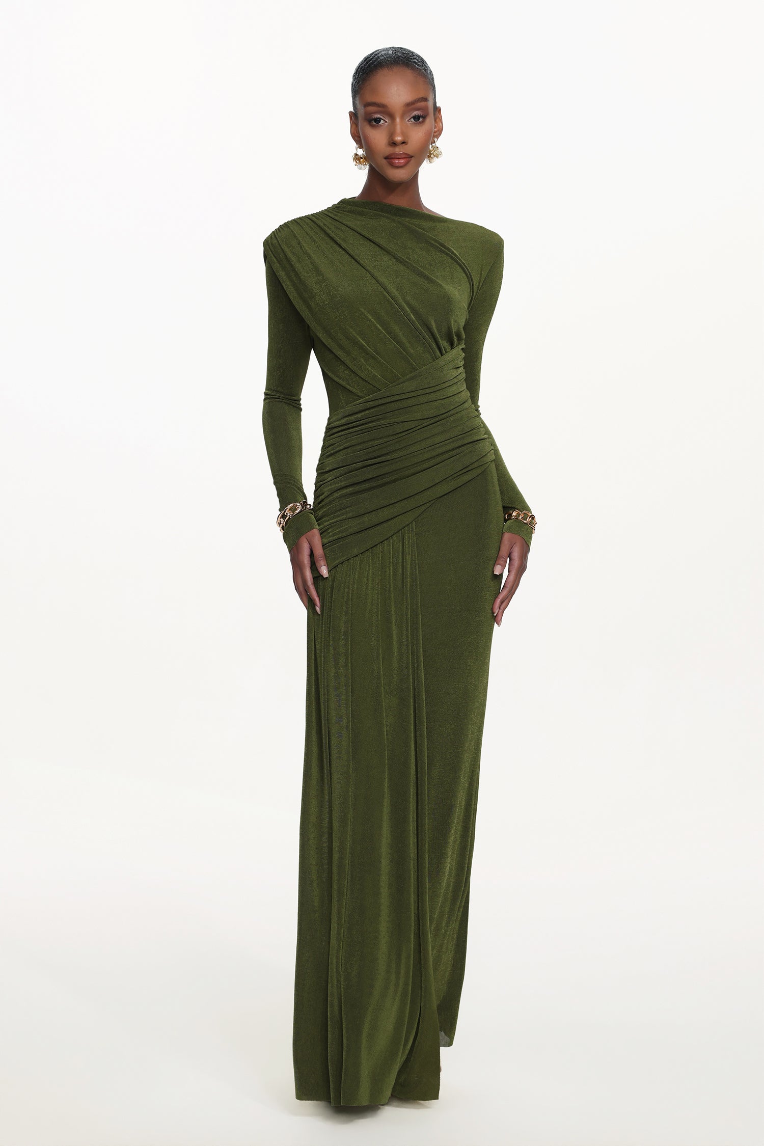 Tryphosa Elegant Contour Long Sleeve Ruched Knit Maxi Dress	