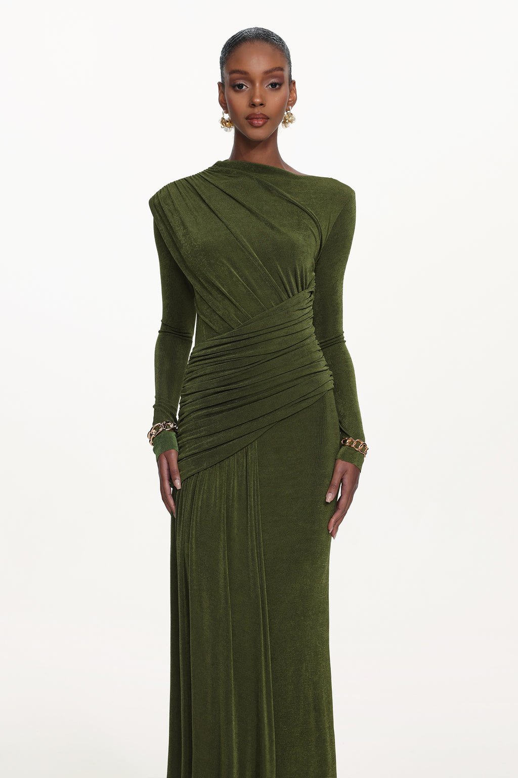 Tryphosa Elegant Contour Long Sleeve Ruched Knit Maxi Dress	
