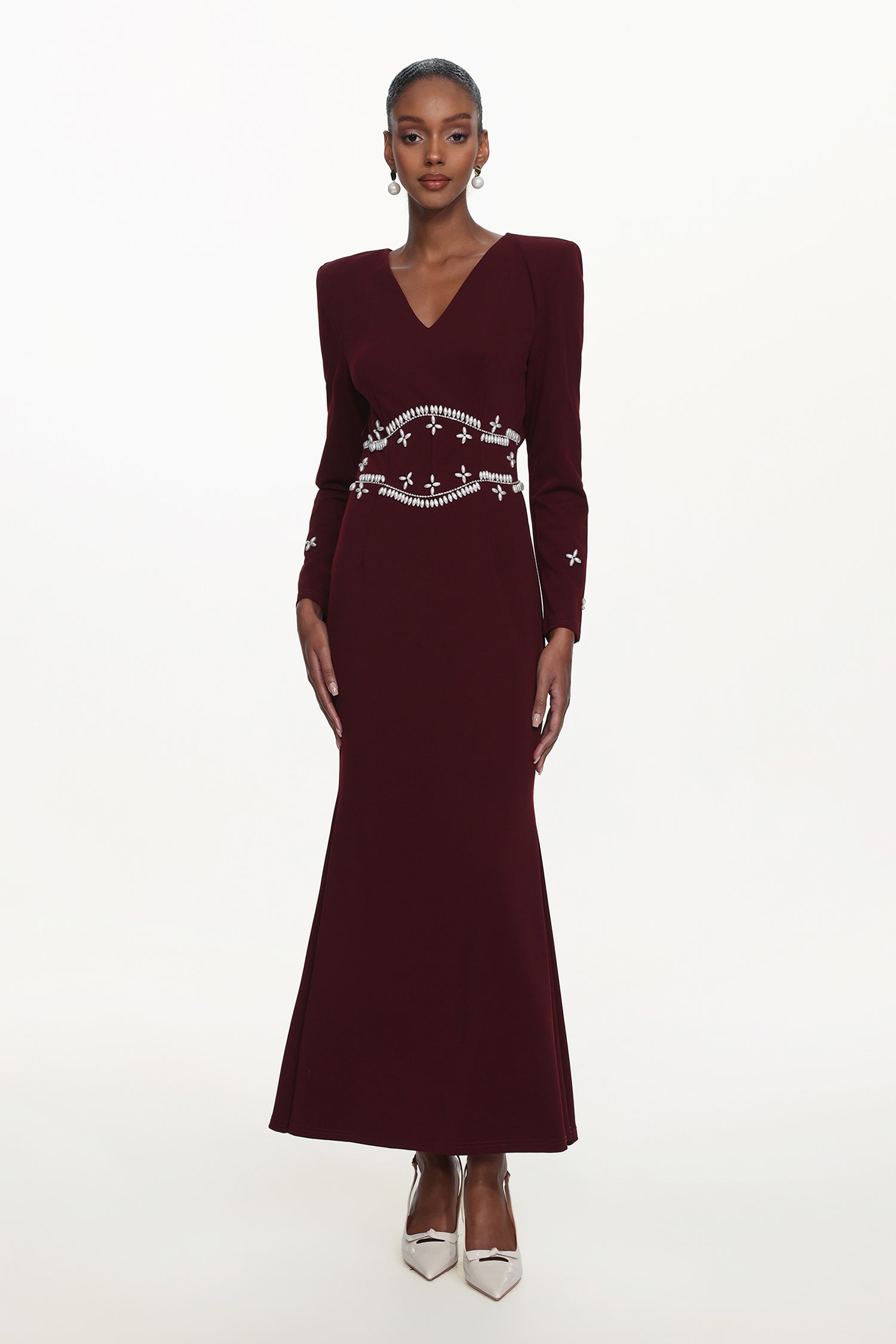Romita Elegant Tailored V Neck Long Sleeve Pearl Maxi Dress	