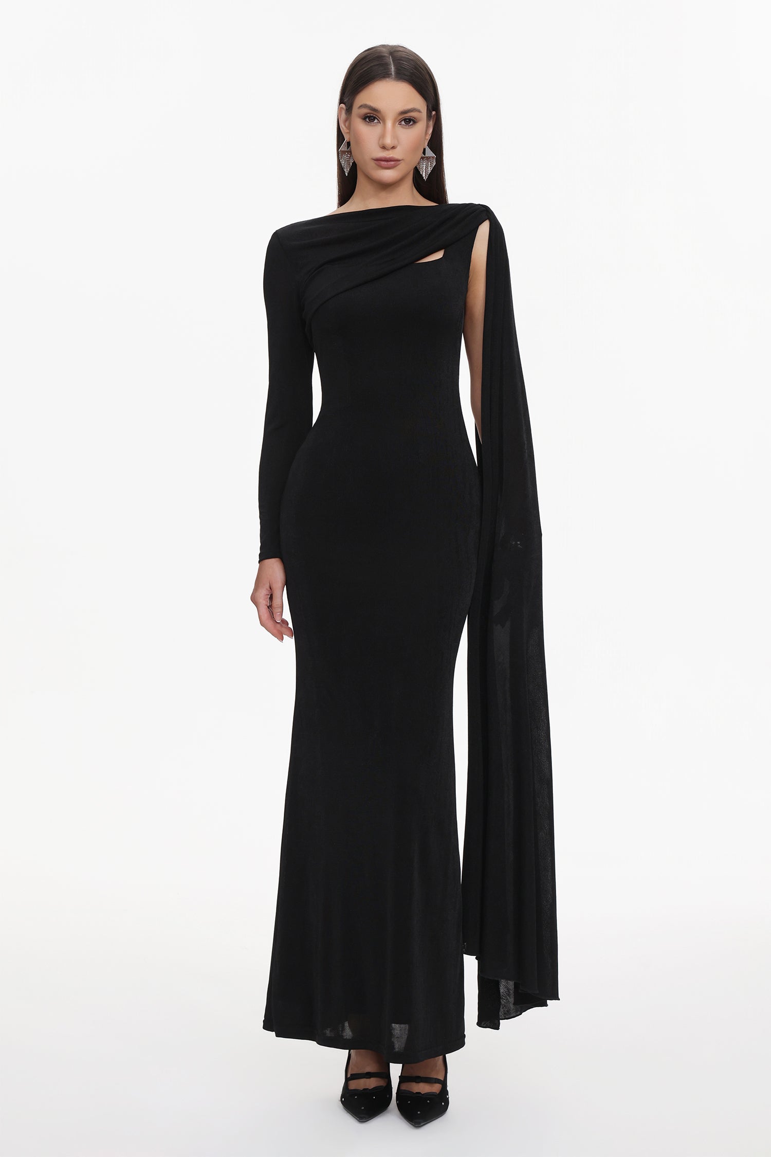 Louxia Elegant Contour One Sleeve Asymmetric Cape Maxi Dress	