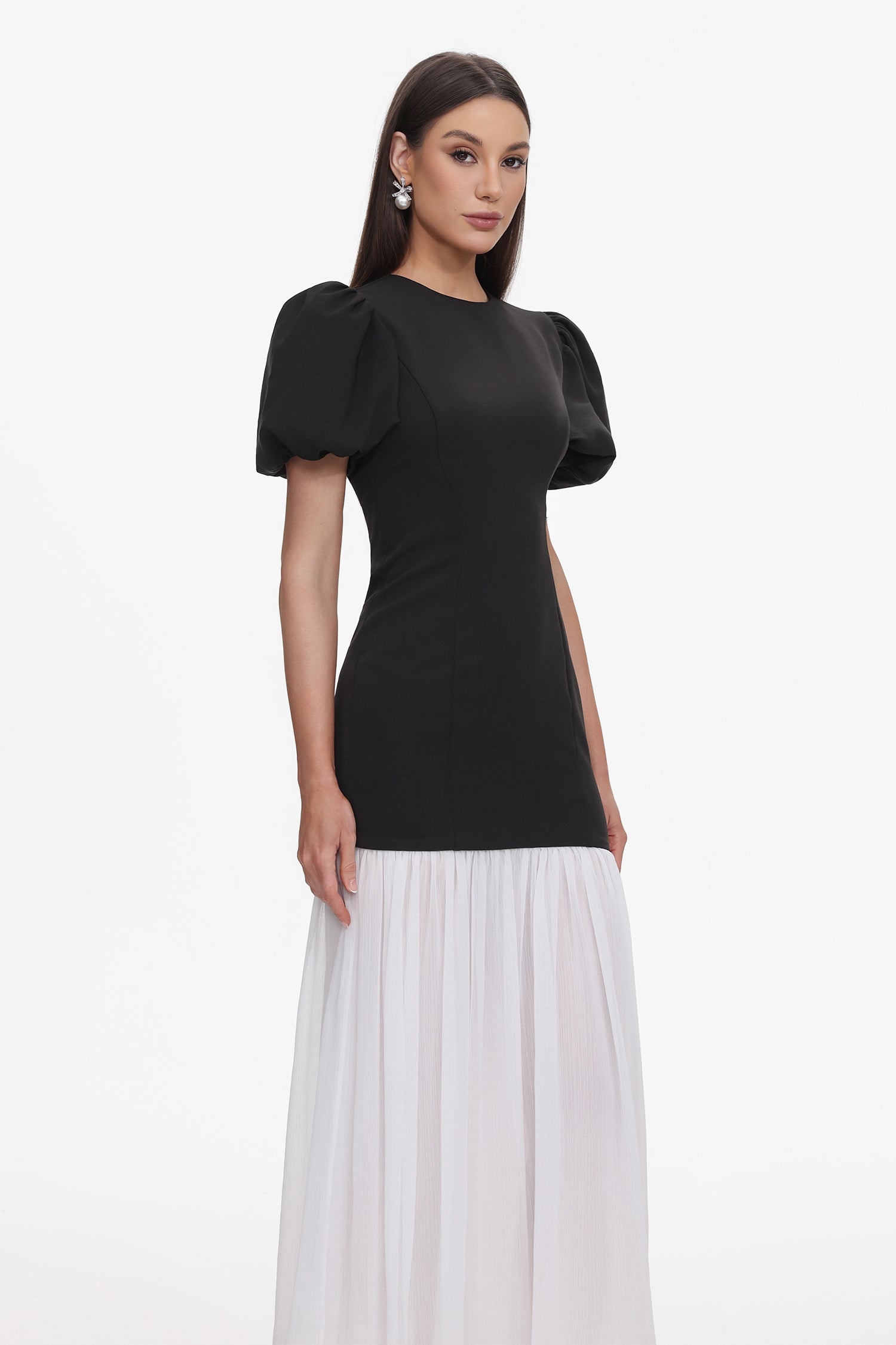 Spiral Classic Tailored Puff Sleeve Pleated Contrast Maxi Dress	
