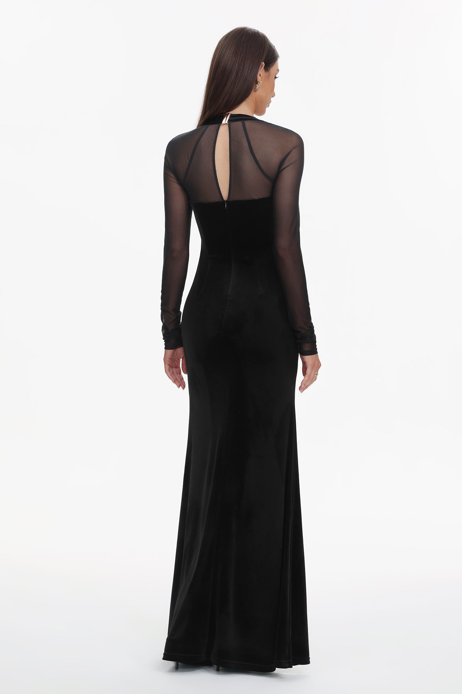 Rae Elegant  Contour Long Sleeve High Slit Velvet Maxi Dress	