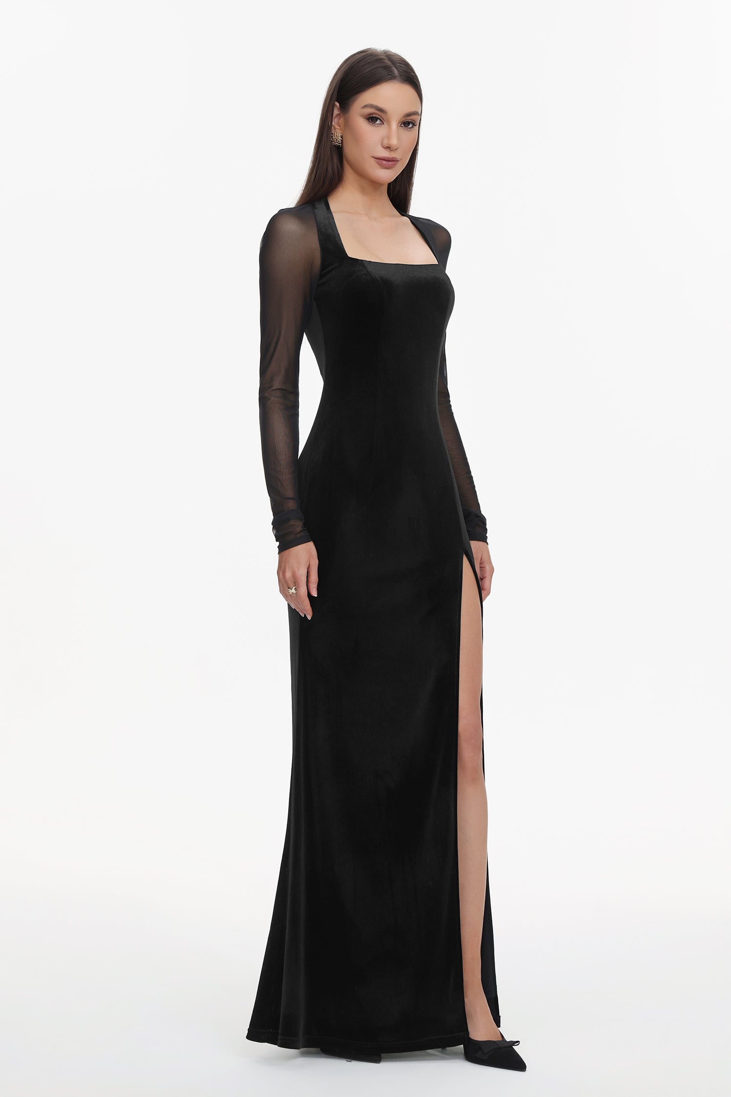 Rae Elegant  Contour Long Sleeve High Slit Velvet Maxi Dress	