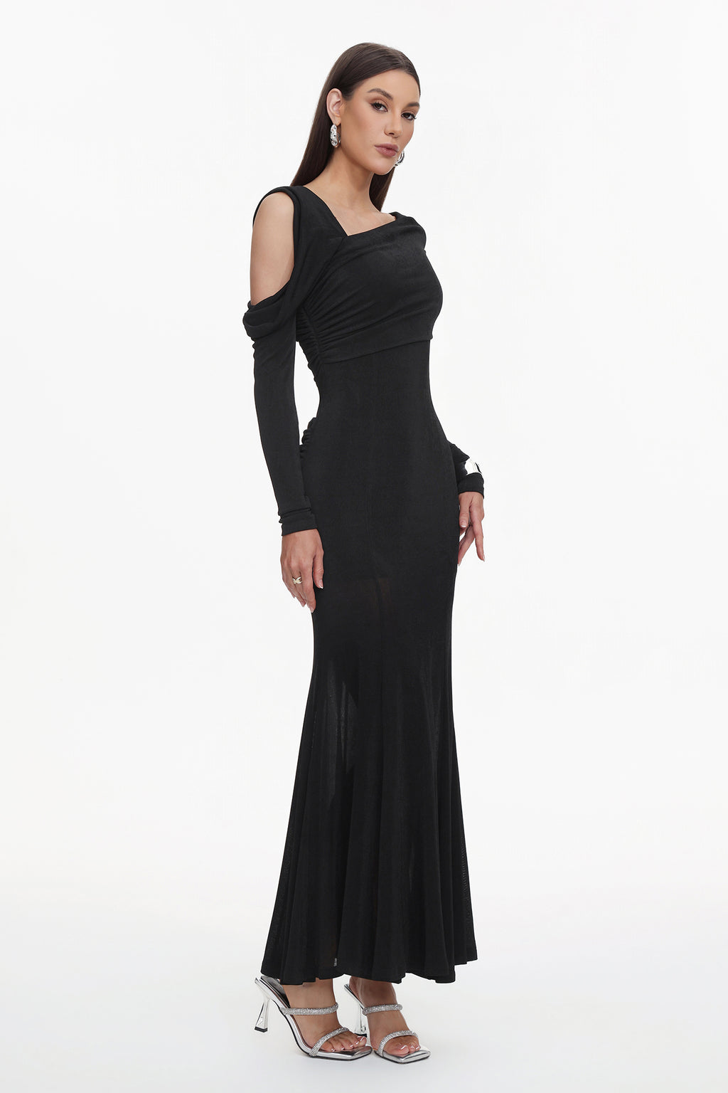 Luysa Elegant Contour One Shoulder Ruched Knit Black Maxi Dress	