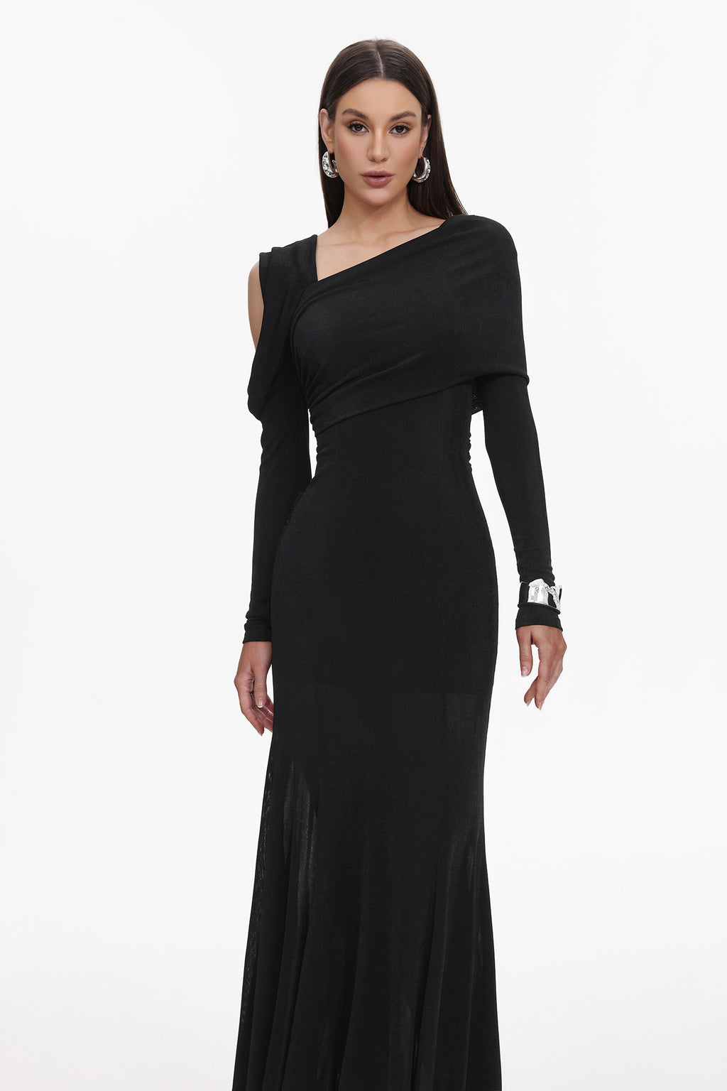 Luysa Elegant Contour One Shoulder Ruched Knit Black Maxi Dress	
