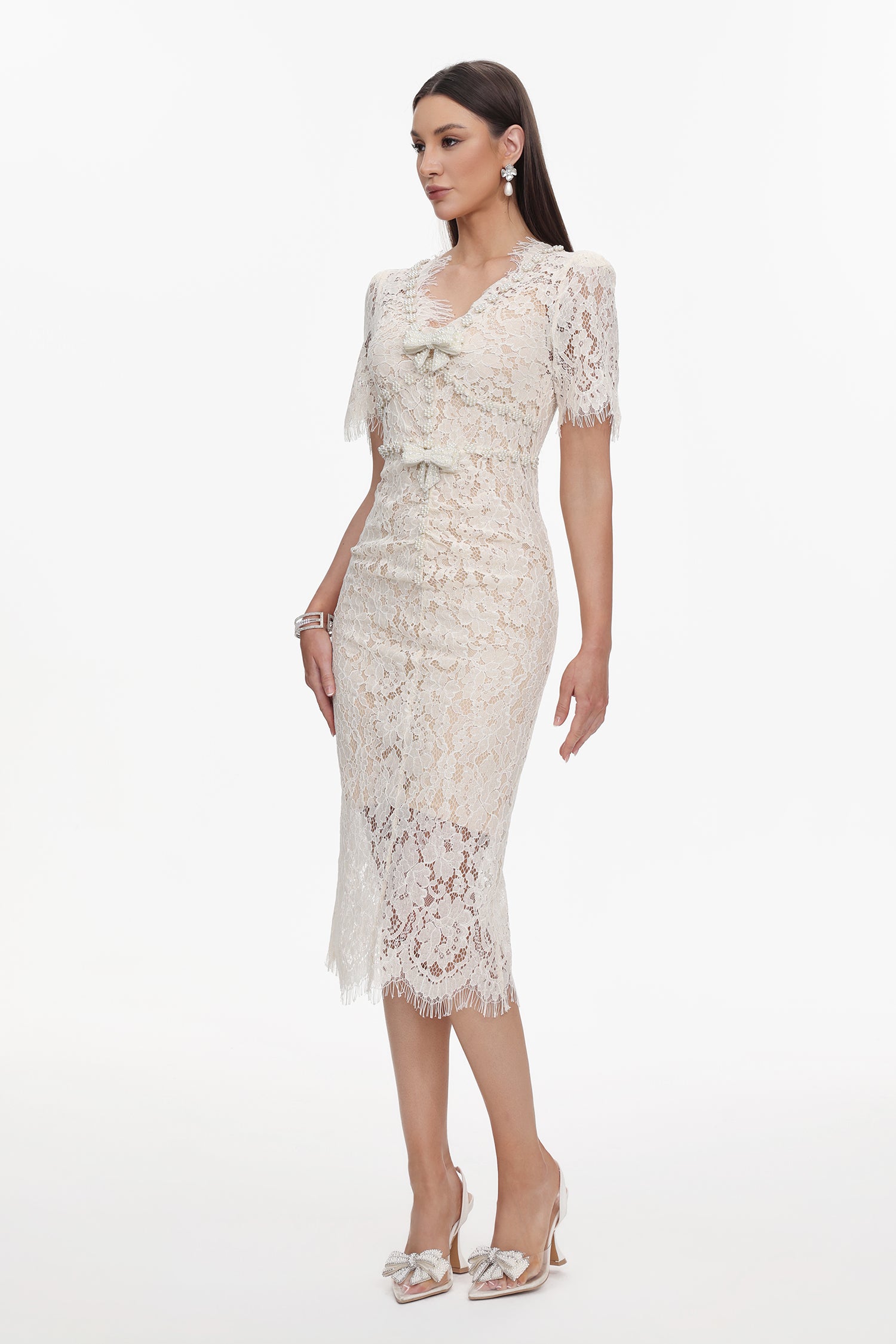 Maisie V-Neck Short Sleeves Bowknot Lace Midi Dress	