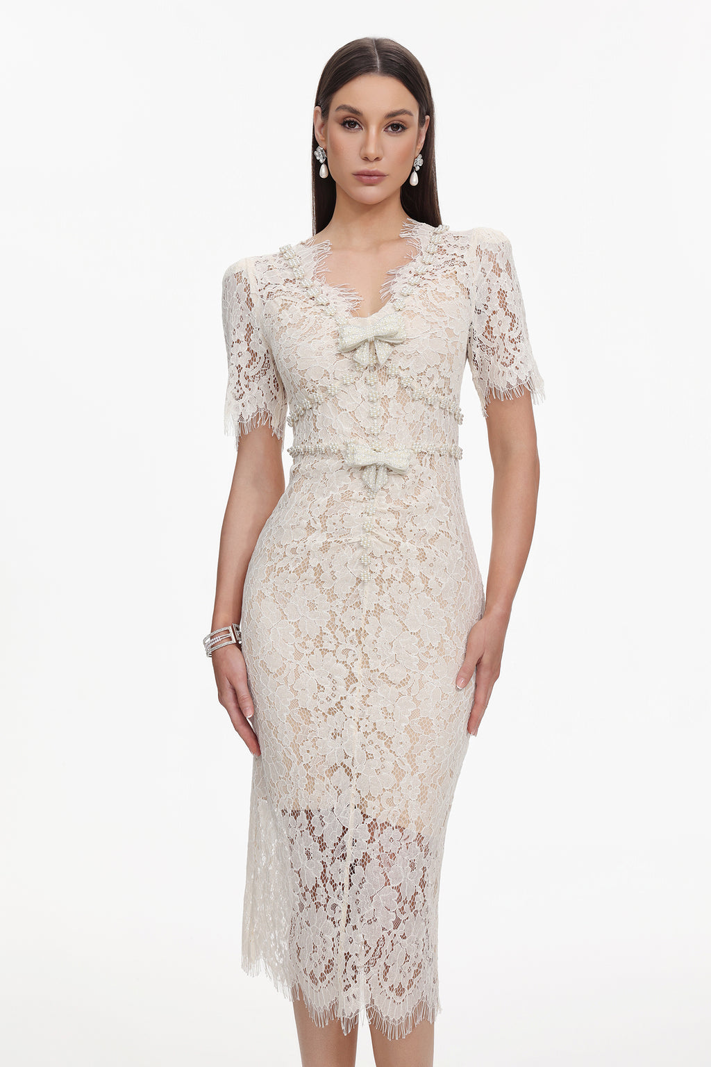 Maisie V-Neck Short Sleeves Bowknot Lace Midi Dress	