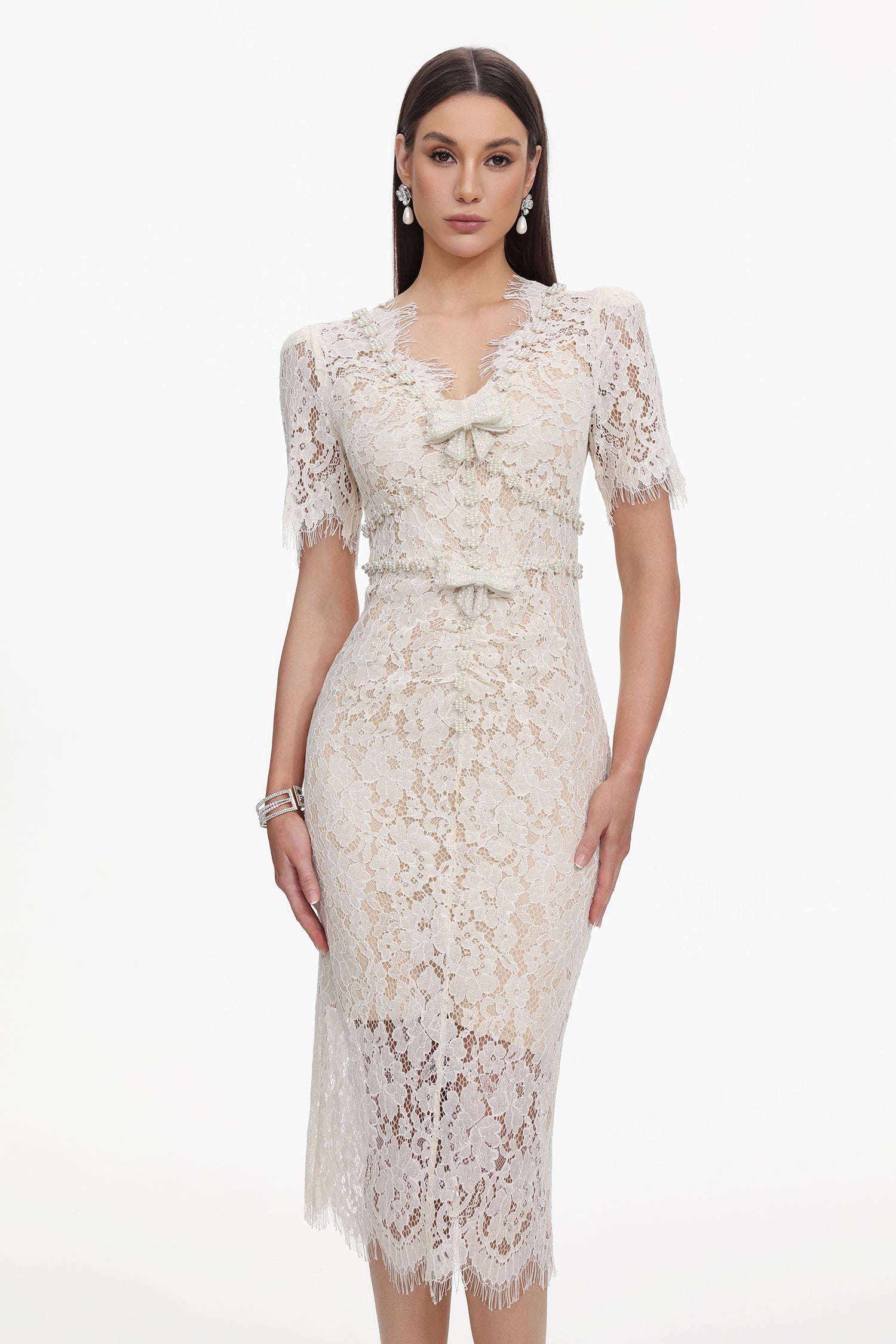 Maisie V-Neck Short Sleeves Bowknot Lace Midi Dress	