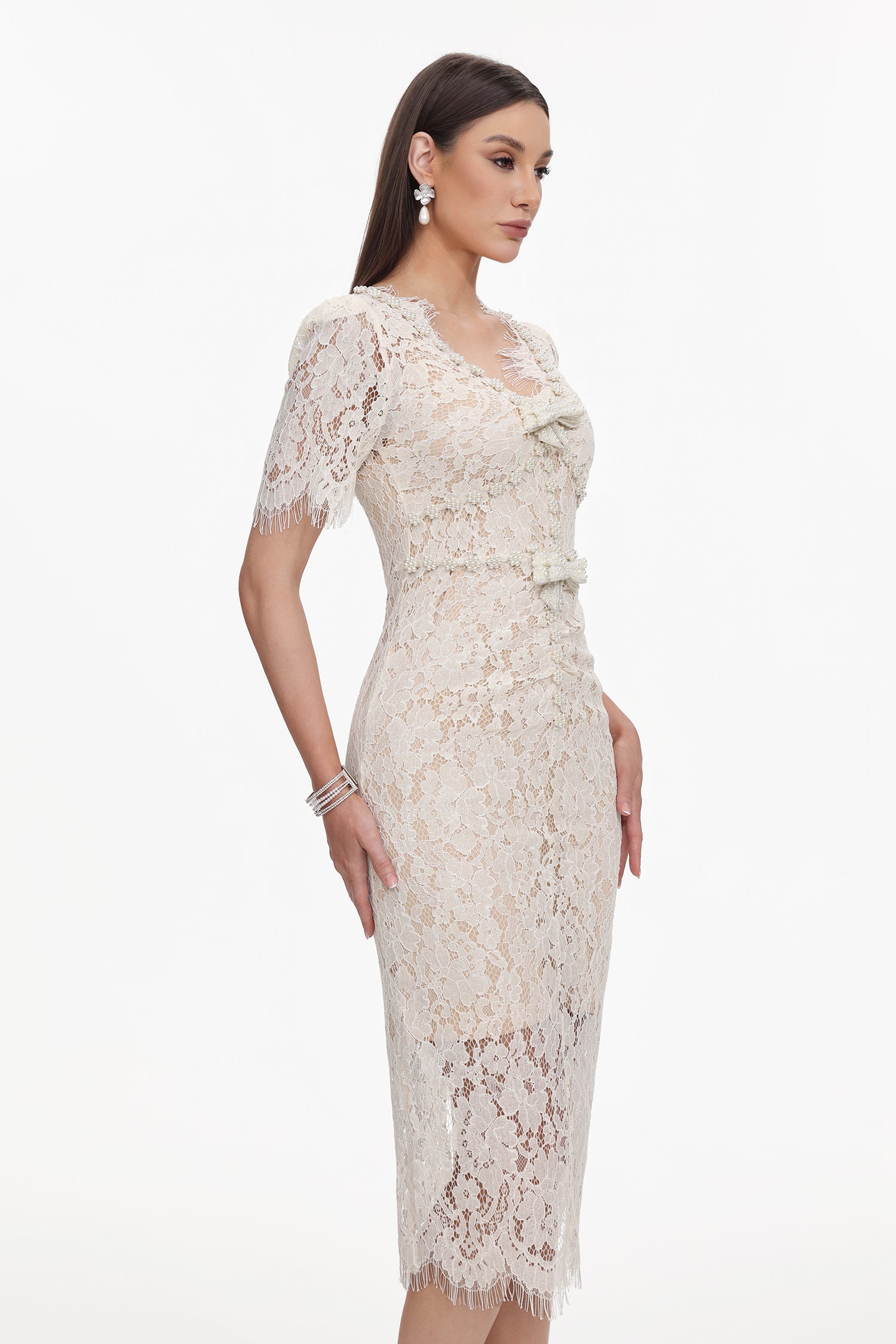 Maisie V-Neck Short Sleeves Bowknot Lace Midi Dress	