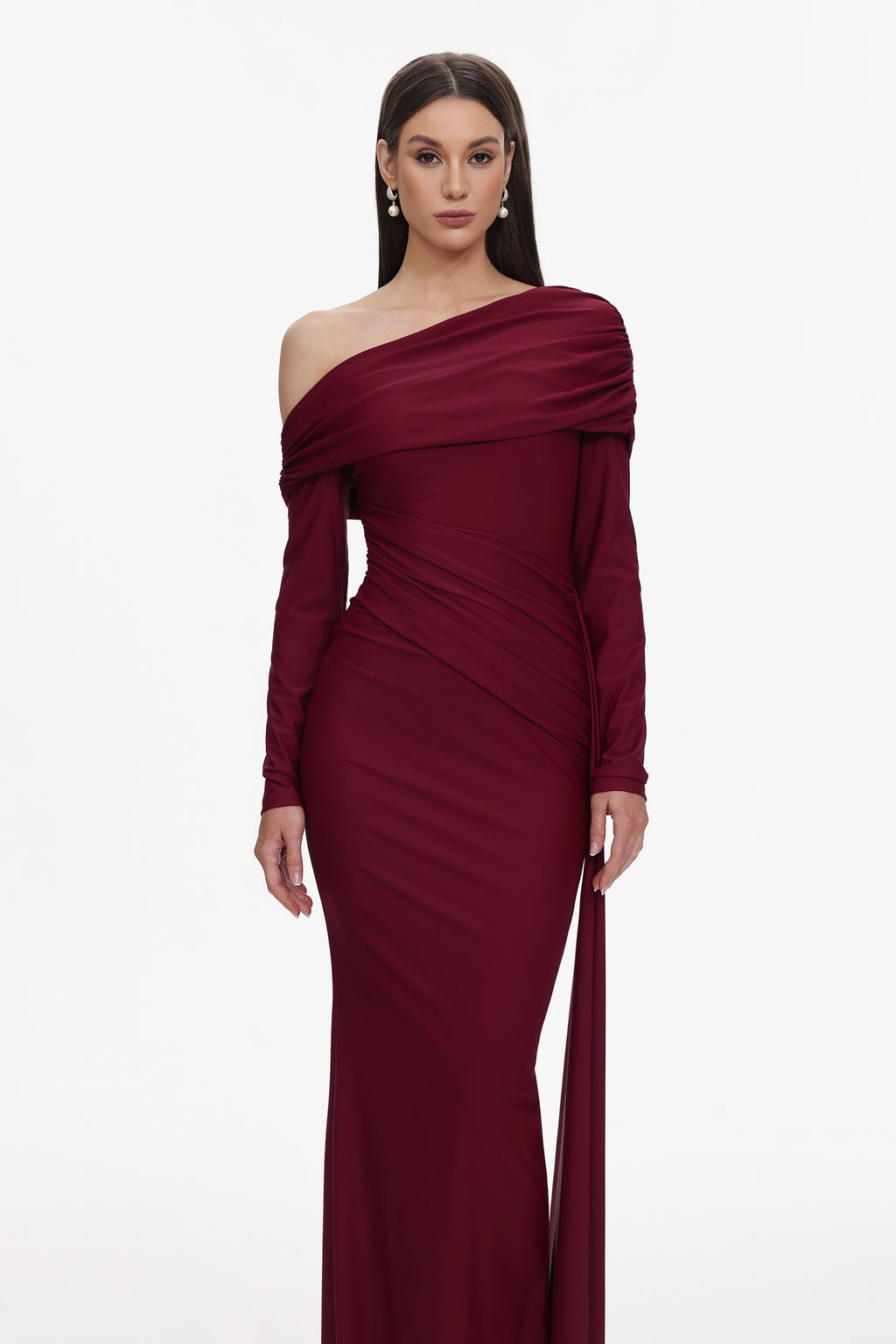 Emory Elegant Contour One Shoulder Long Sleeve Ruched Knit Maxi Dress	