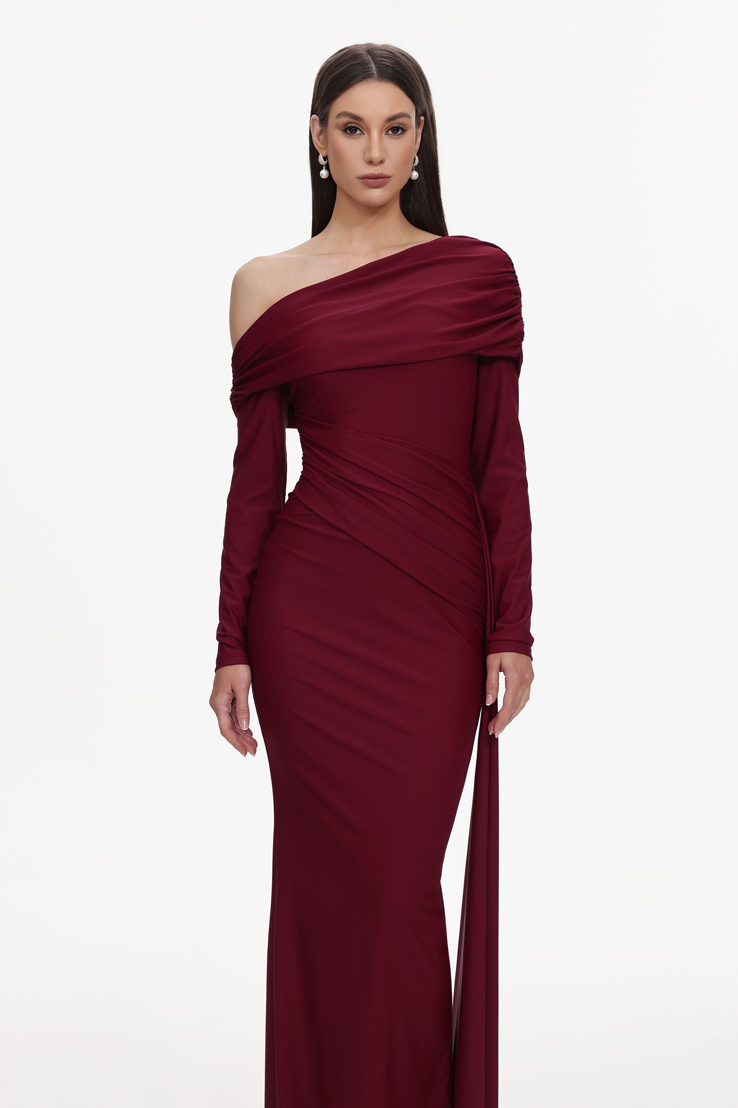 Emory Elegant Contour One Shoulder Long Sleeve Ruched Knit Maxi Dress	