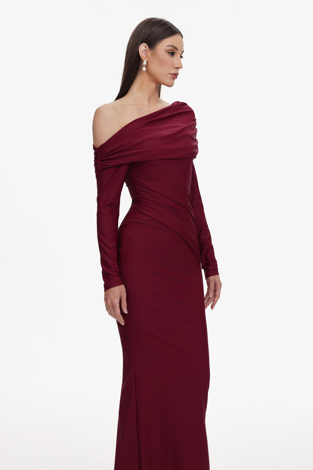 Emory Elegant Contour One Shoulder Long Sleeve Ruched Knit Maxi Dress	