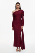 Emory Elegant Contour One Shoulder Long Sleeve Ruched Knit Maxi Dress	
