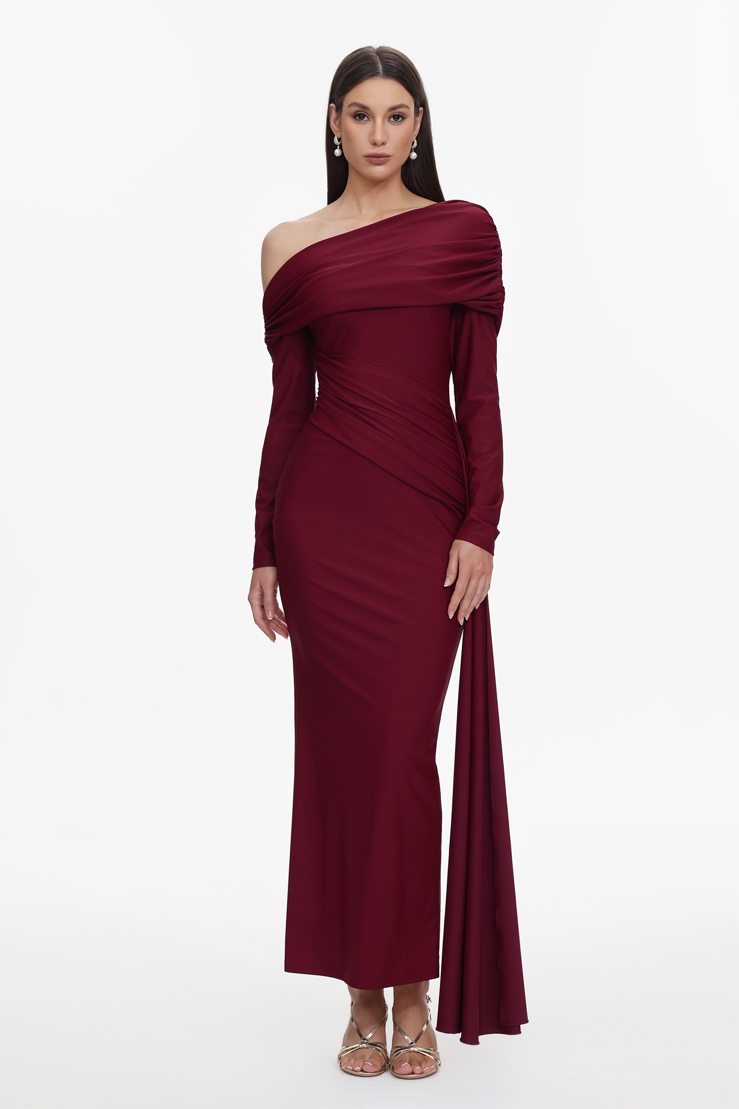 Emory Elegant Contour One Shoulder Long Sleeve Ruched Knit Maxi Dress	