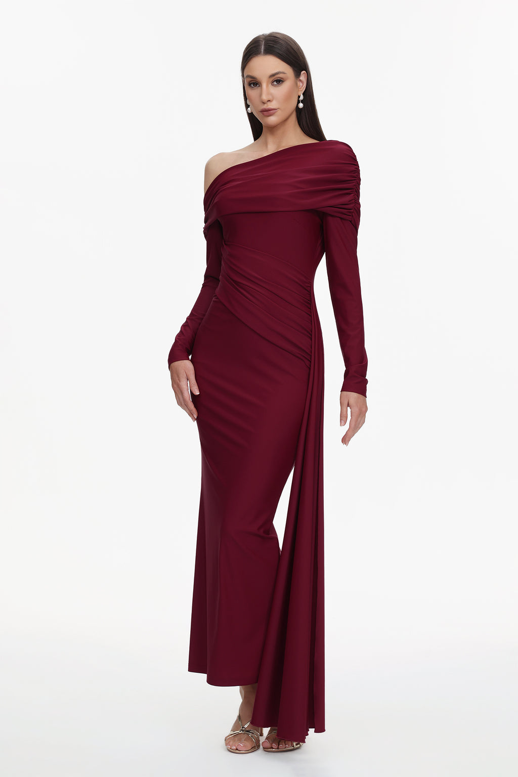 Emory Elegant Contour One Shoulder Long Sleeve Ruched Knit Maxi Dress	