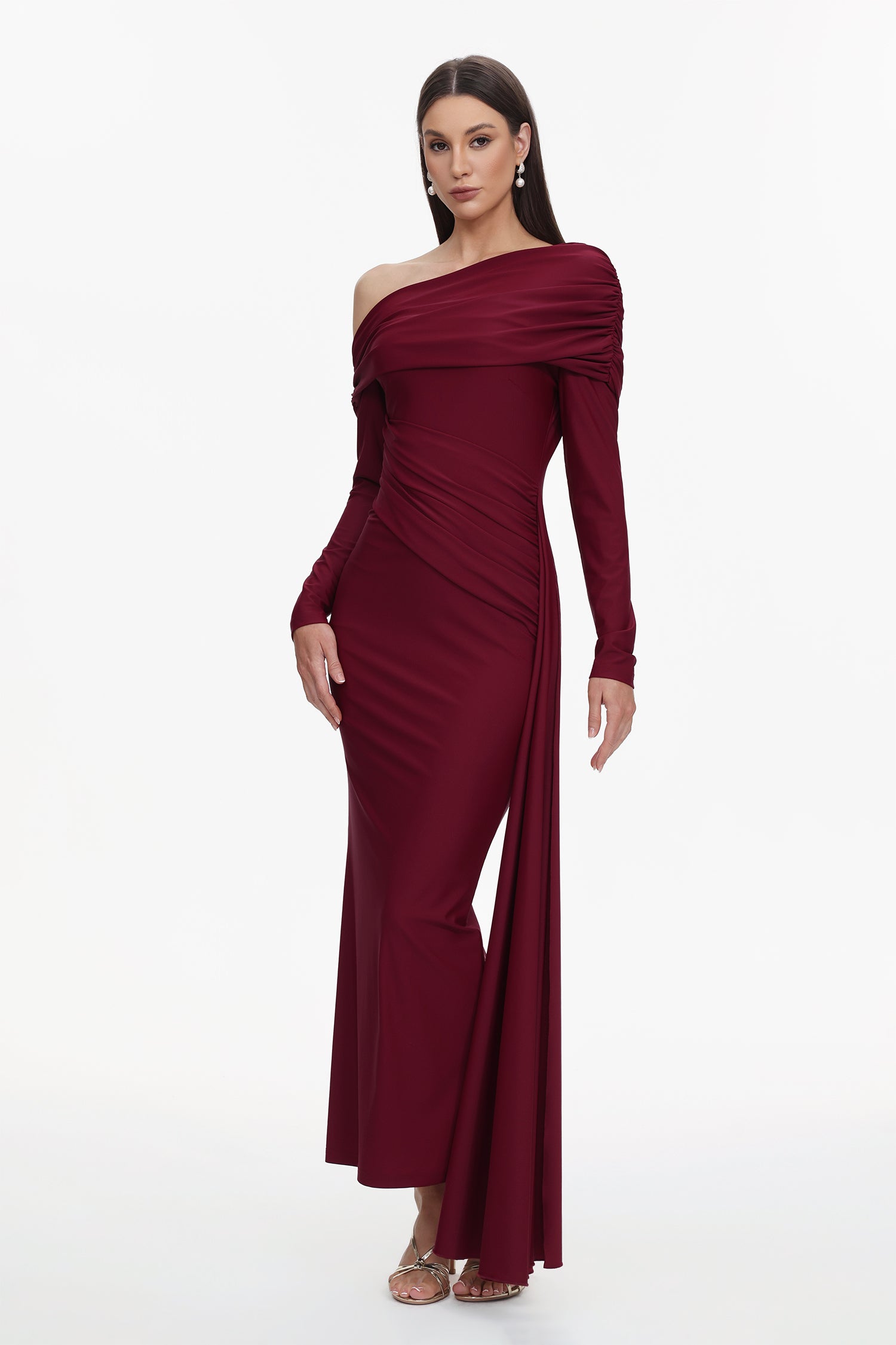Emory Elegant Contour One Shoulder Long Sleeve Ruched Knit Maxi Dress	