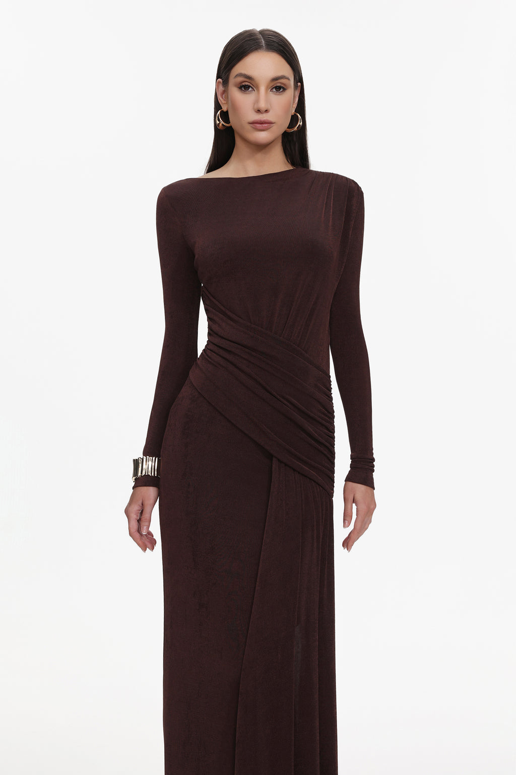 Skyler Elegant Contour Long Sleeve Ruched High Slit Knit Brown Maxi Dress	