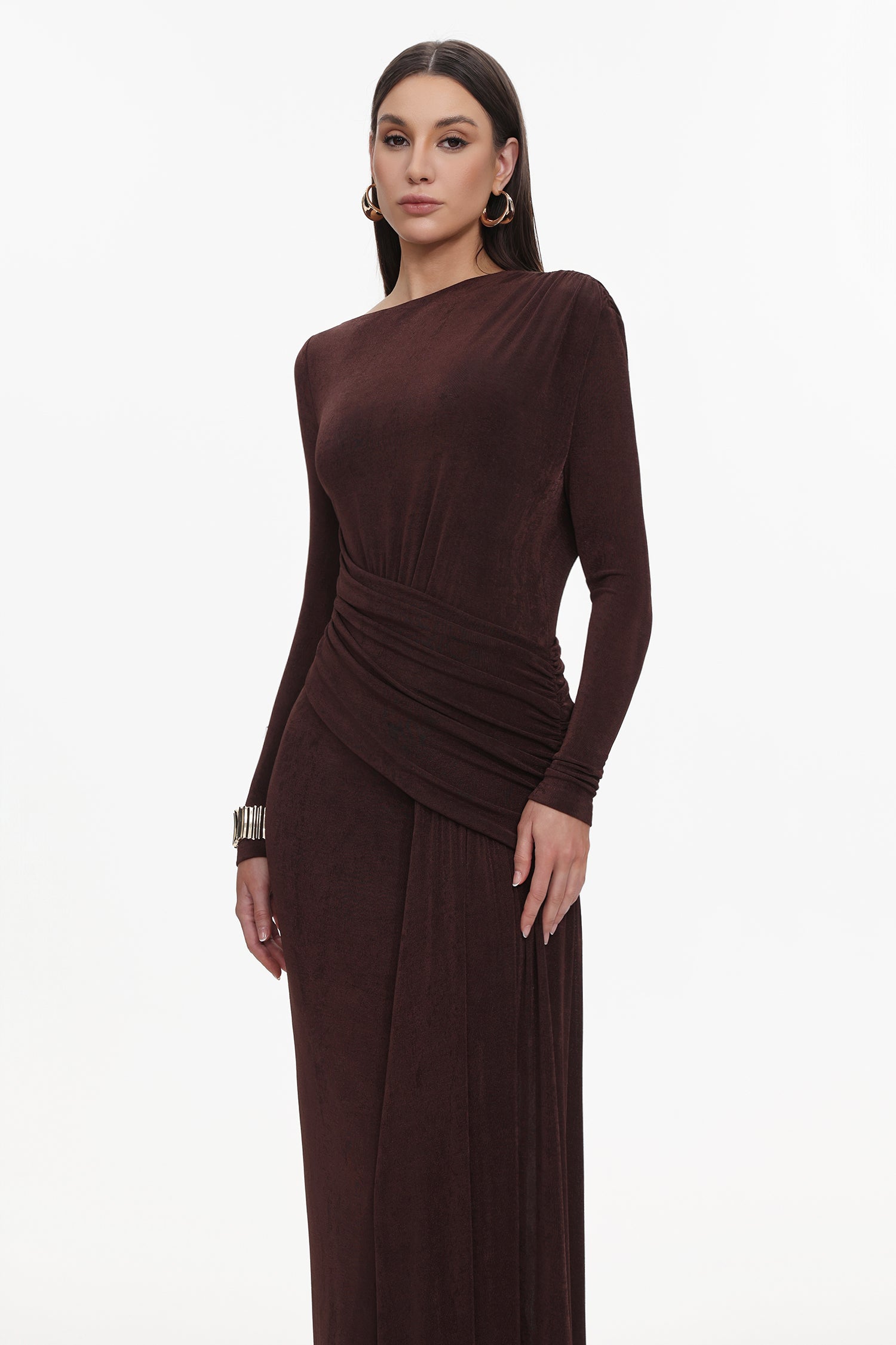Skyler Elegant Contour Long Sleeve Ruched High Slit Knit Brown Maxi Dress	