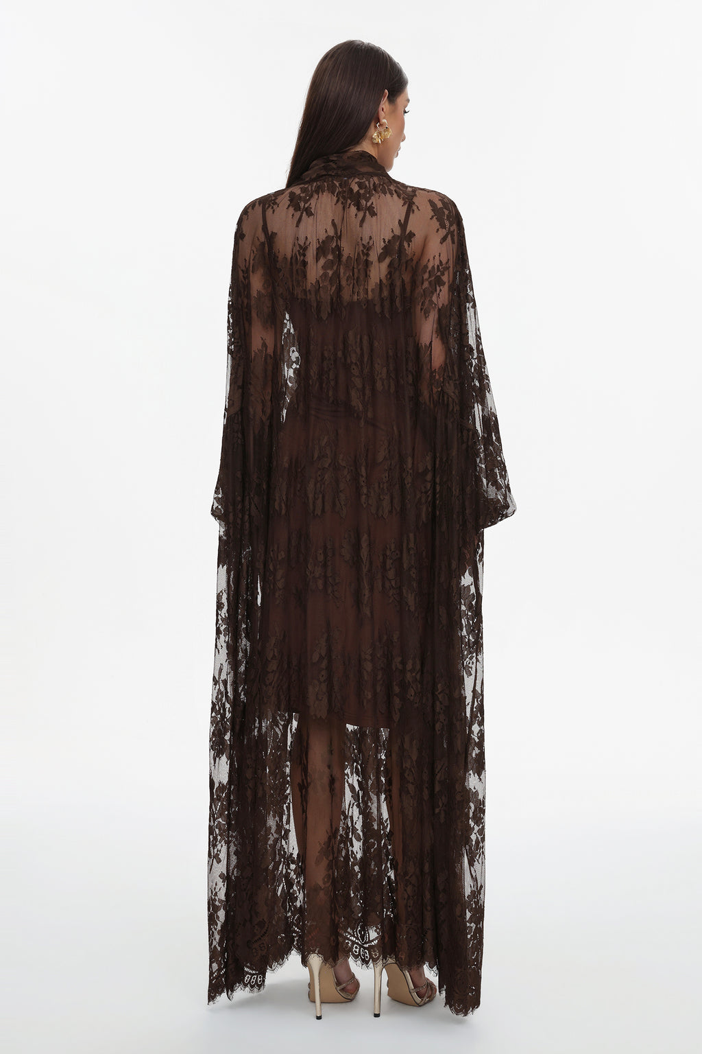 Deliyn Resort Flowy Long Sleeve Embroidered Mesh Lace Maxi Dress	