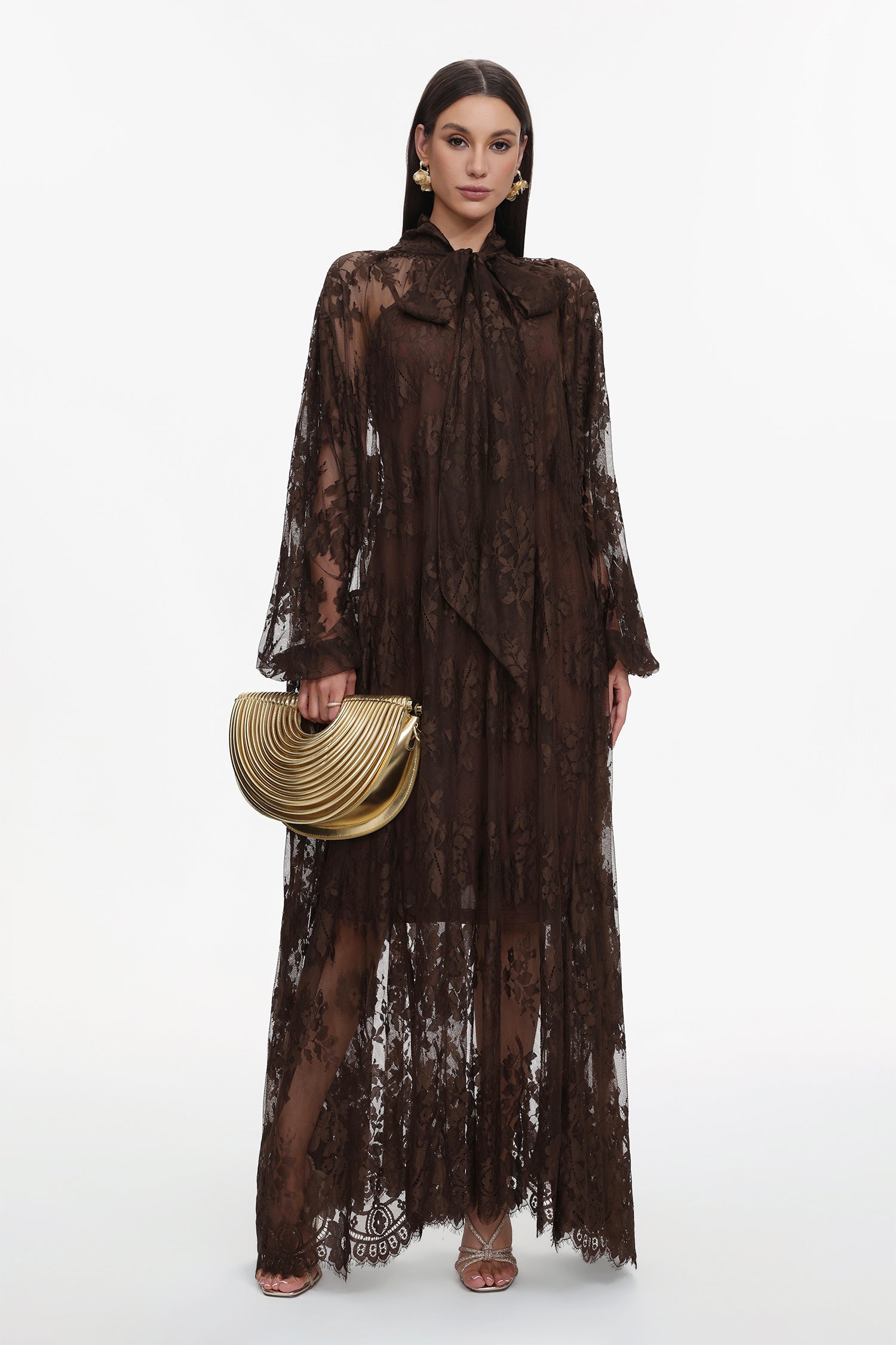 Deliyn Resort Flowy Long Sleeve Embroidered Mesh Lace Maxi Dress	