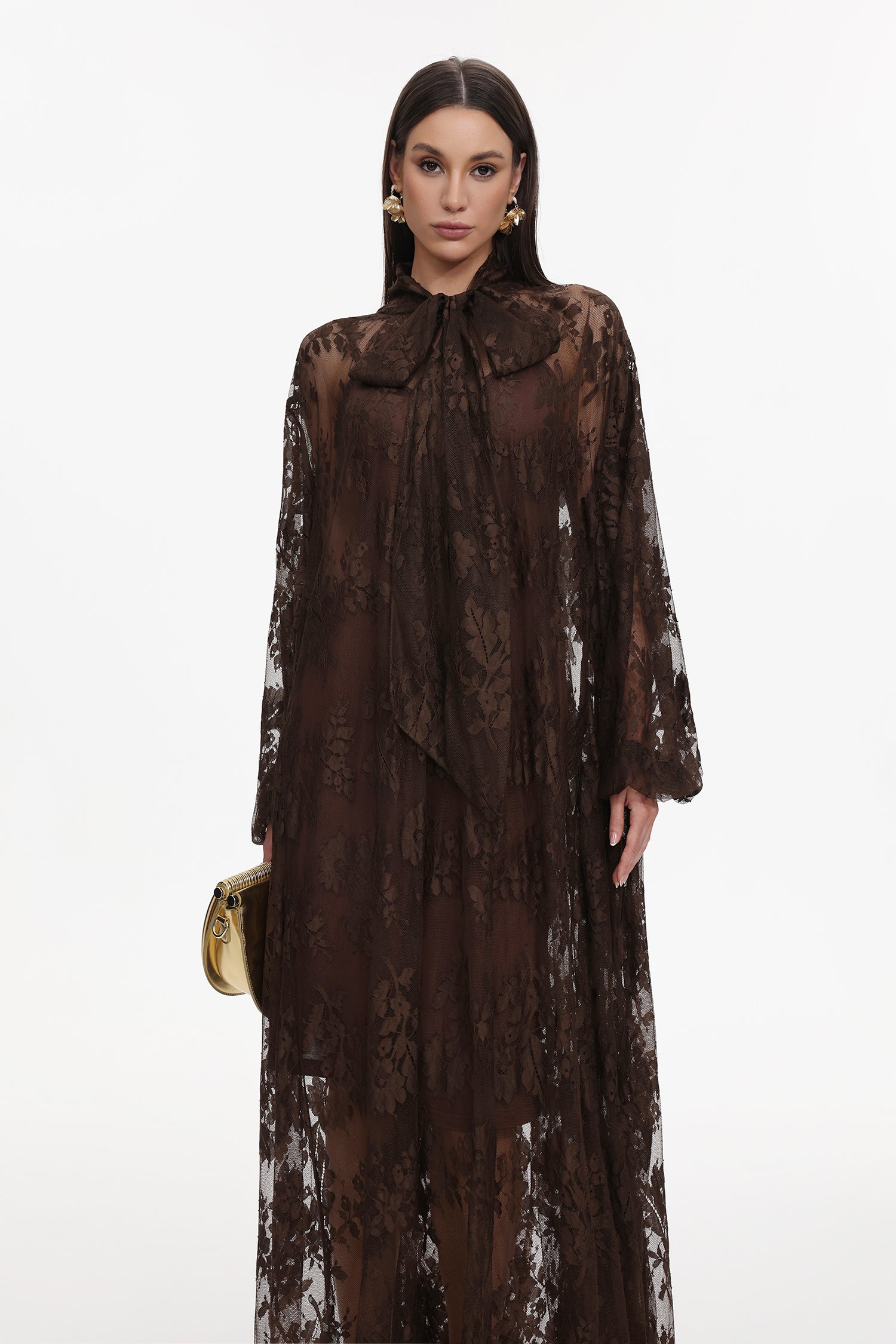 Deliyn Resort Flowy Long Sleeve Embroidered Mesh Lace Maxi Dress	