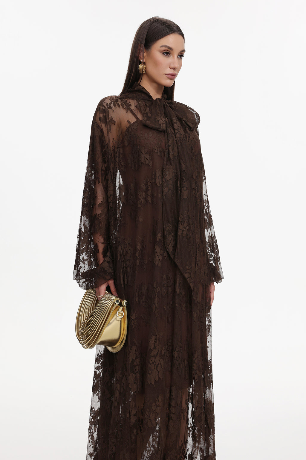 Deliyn Resort Flowy Long Sleeve Embroidered Mesh Lace Maxi Dress	