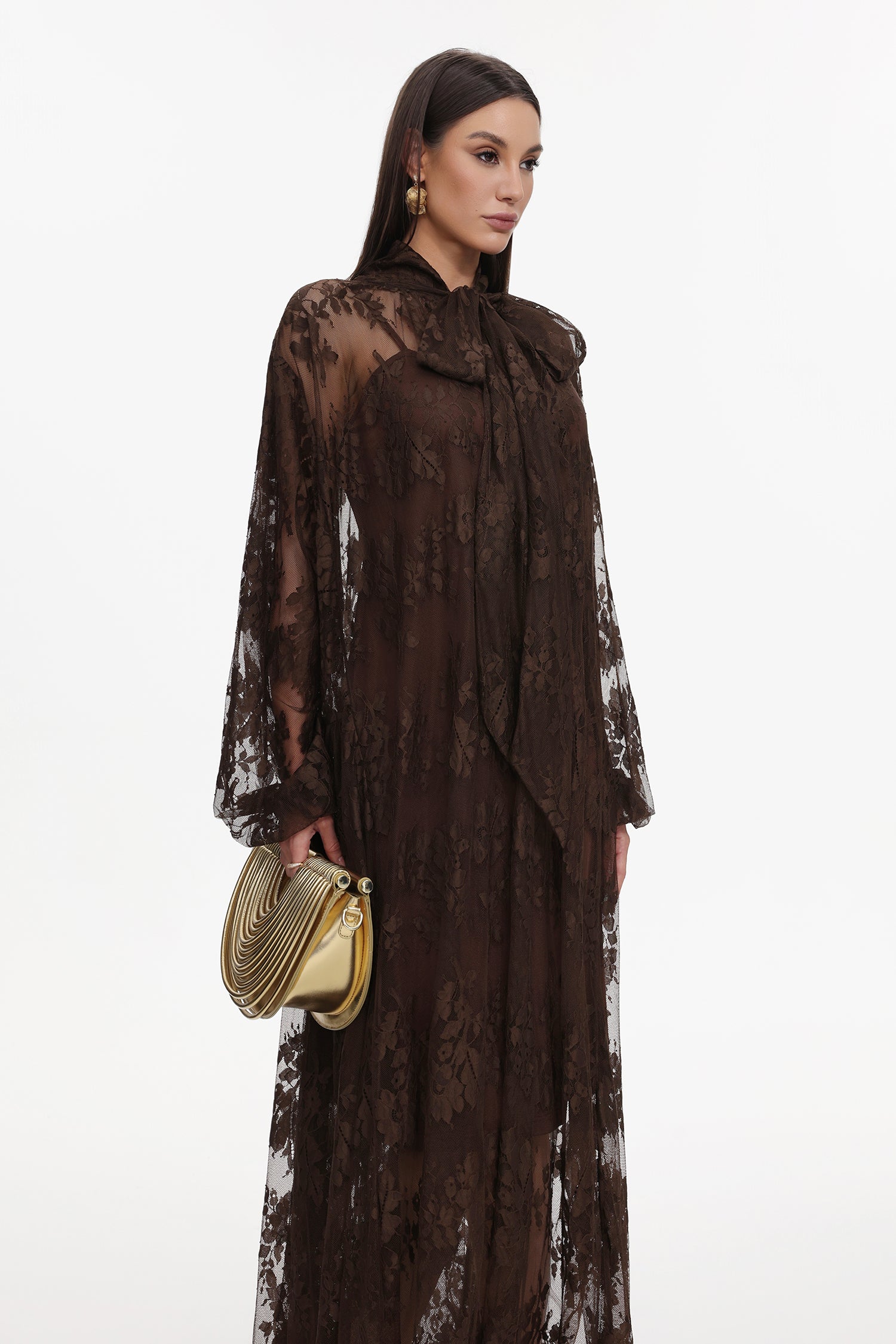 Deliyn Resort Flowy Long Sleeve Embroidered Mesh Lace Maxi Dress	