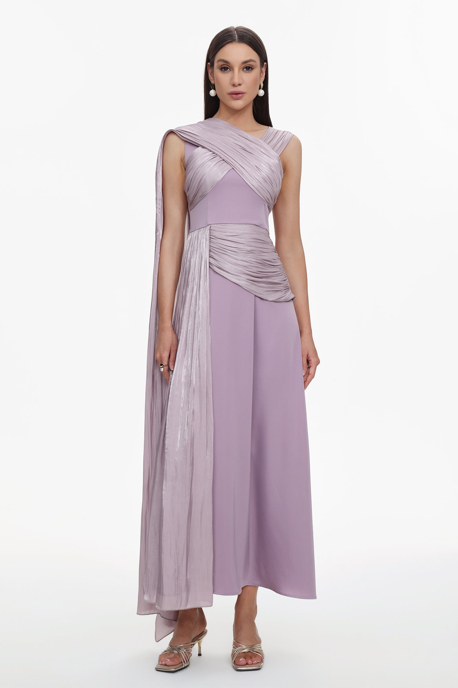 Rebekah Elegant Flowy Sleeveless Pleated Drape Maxi Dress	