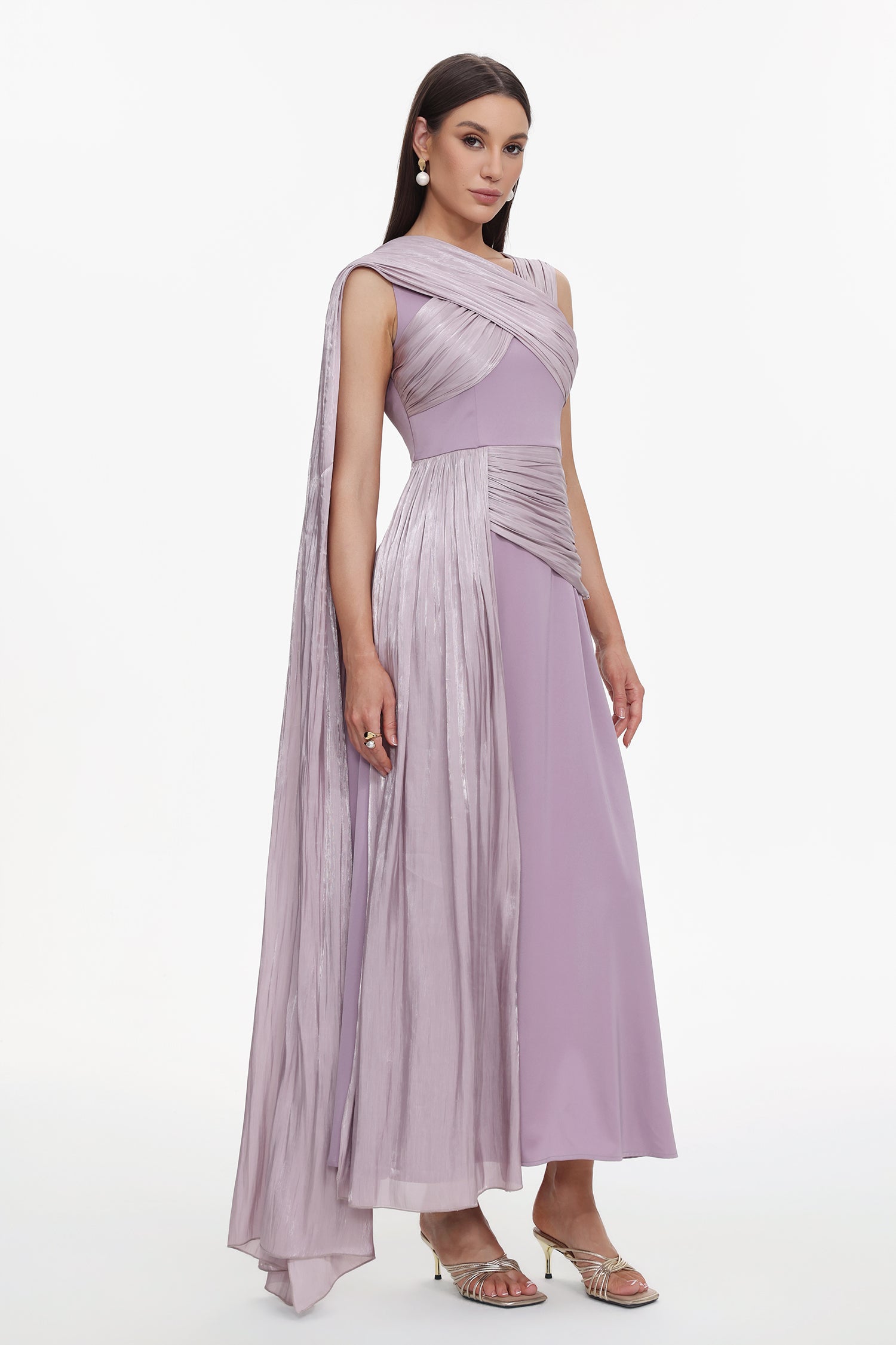 Rebekah Elegant Flowy Sleeveless Pleated Drape Maxi Dress	