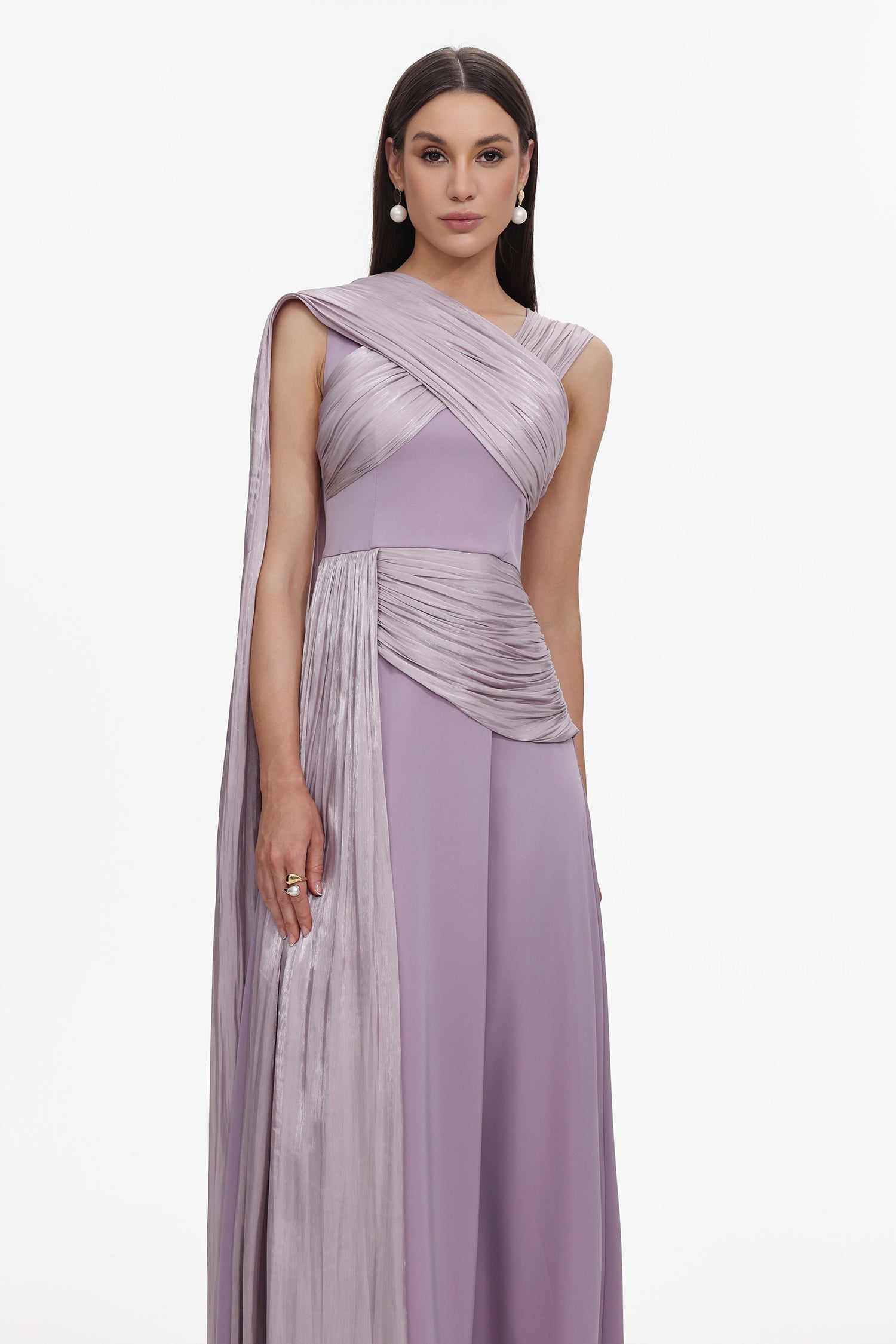 Rebekah Elegant Flowy Sleeveless Pleated Drape Maxi Dress	
