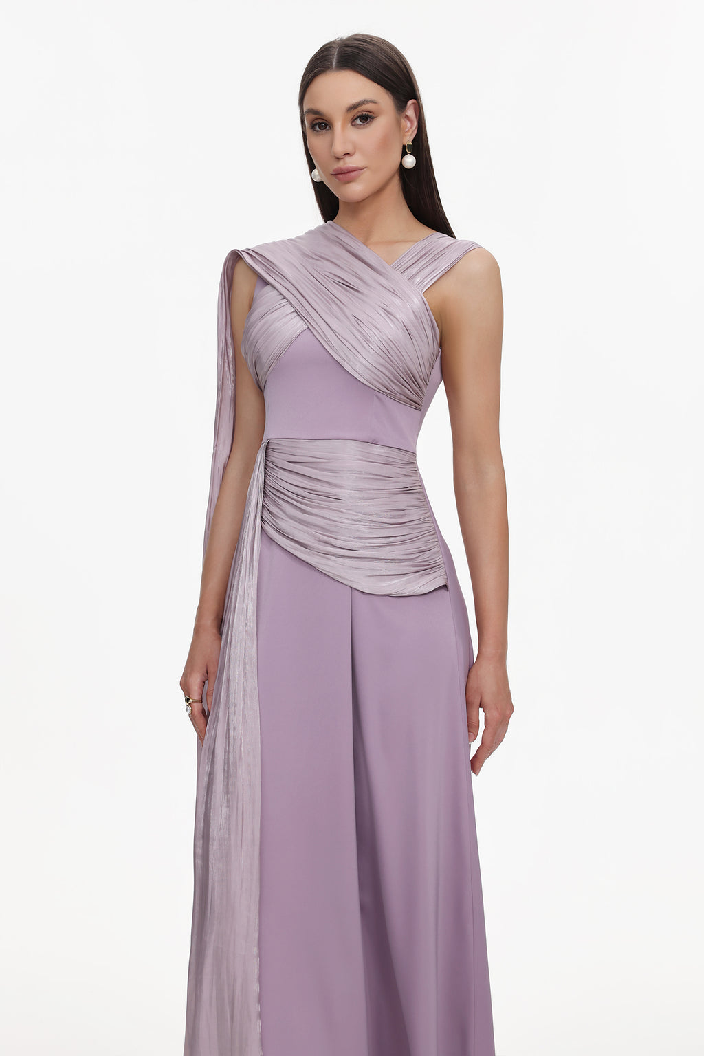Rebekah Elegant Flowy Sleeveless Pleated Drape Maxi Dress	