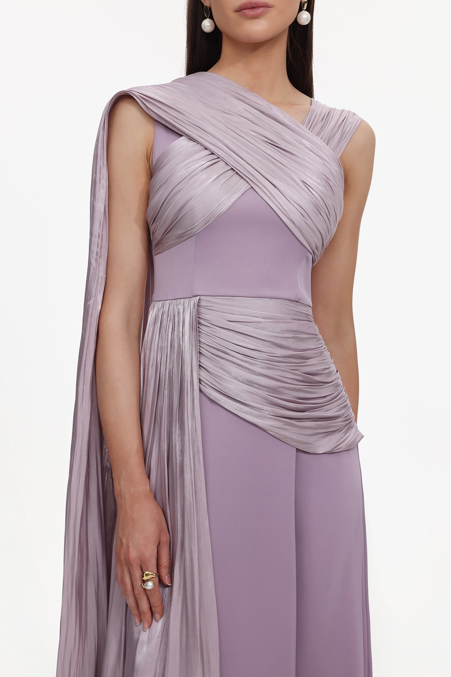 Rebekah Elegant Flowy Sleeveless Pleated Drape Maxi Dress	