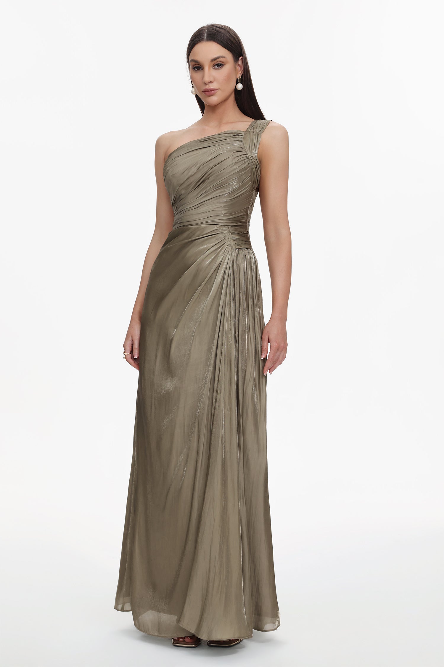 Ronja Elegant Flowy One Shoulder Pleated Maxi Dress	