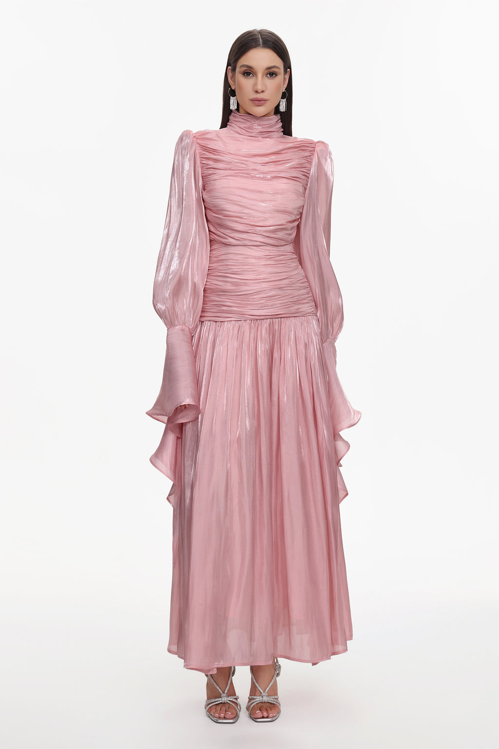 Viky Resort Waist-Defining Long Sleeve Ruched Woven Dark Pink Maxi Dress	